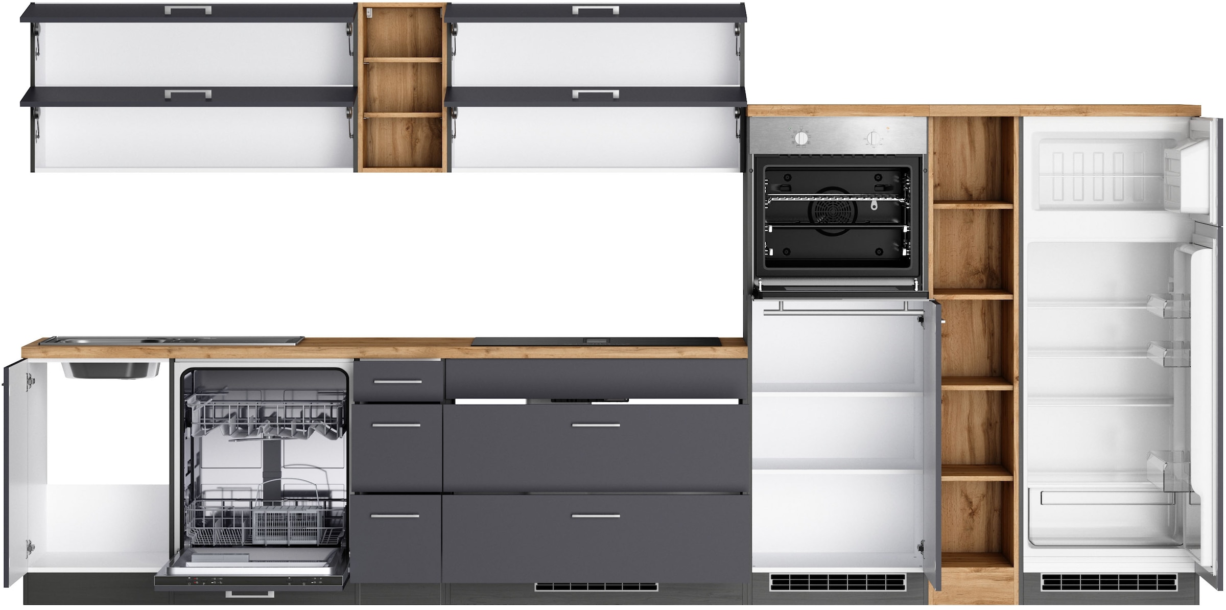 KOCHSTATION Küchenzeile »KS-Milan, optional mit Muldenlüfter« Breite 390 cm, wahlweise mit E-Geräten, Kochfeld mit Dunstabzug