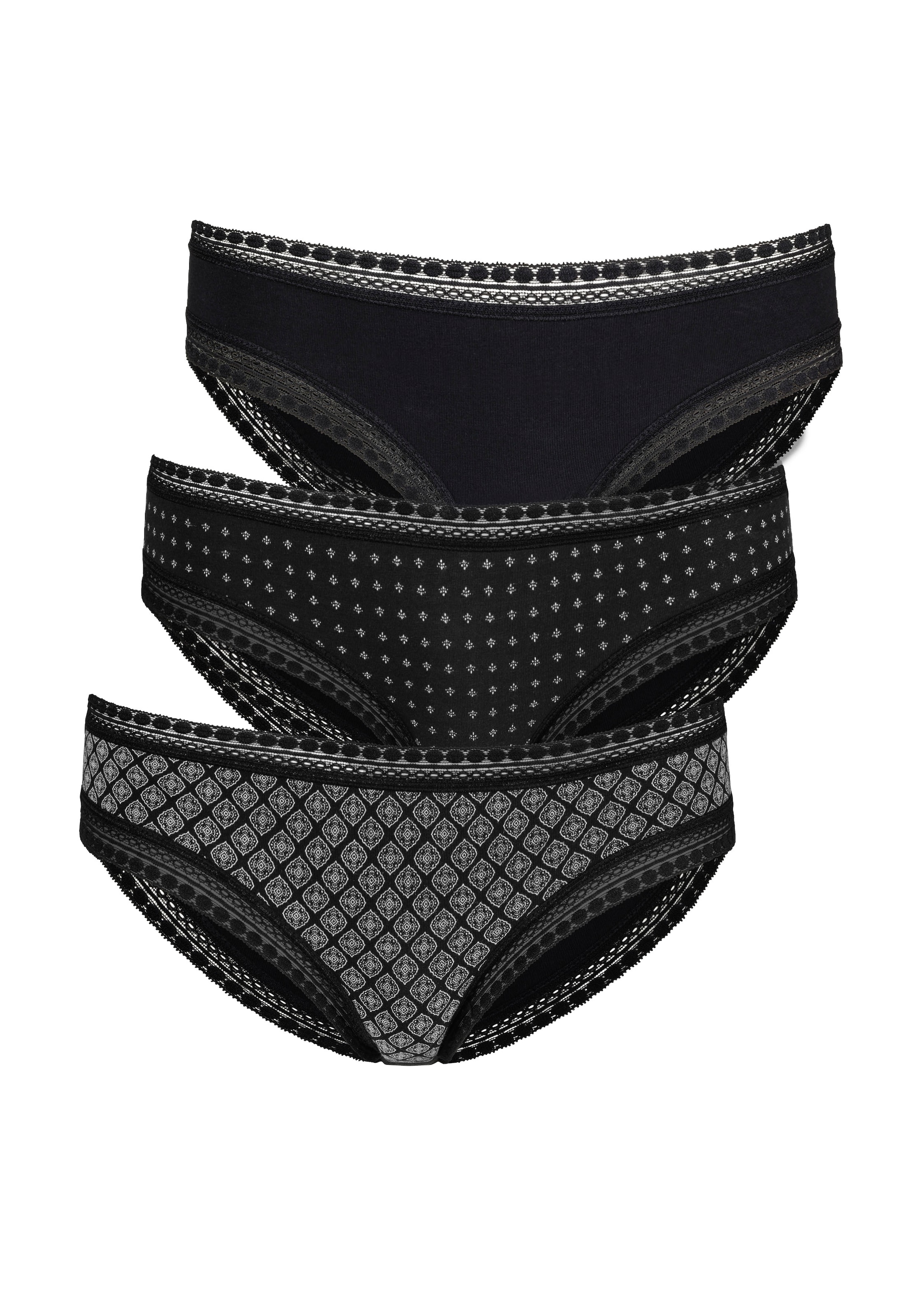 LASCANA Bikinislip, (Packung, 3 aus Spitze elastischer kaufen weicher St.), online BAUR | mit Baumwolle