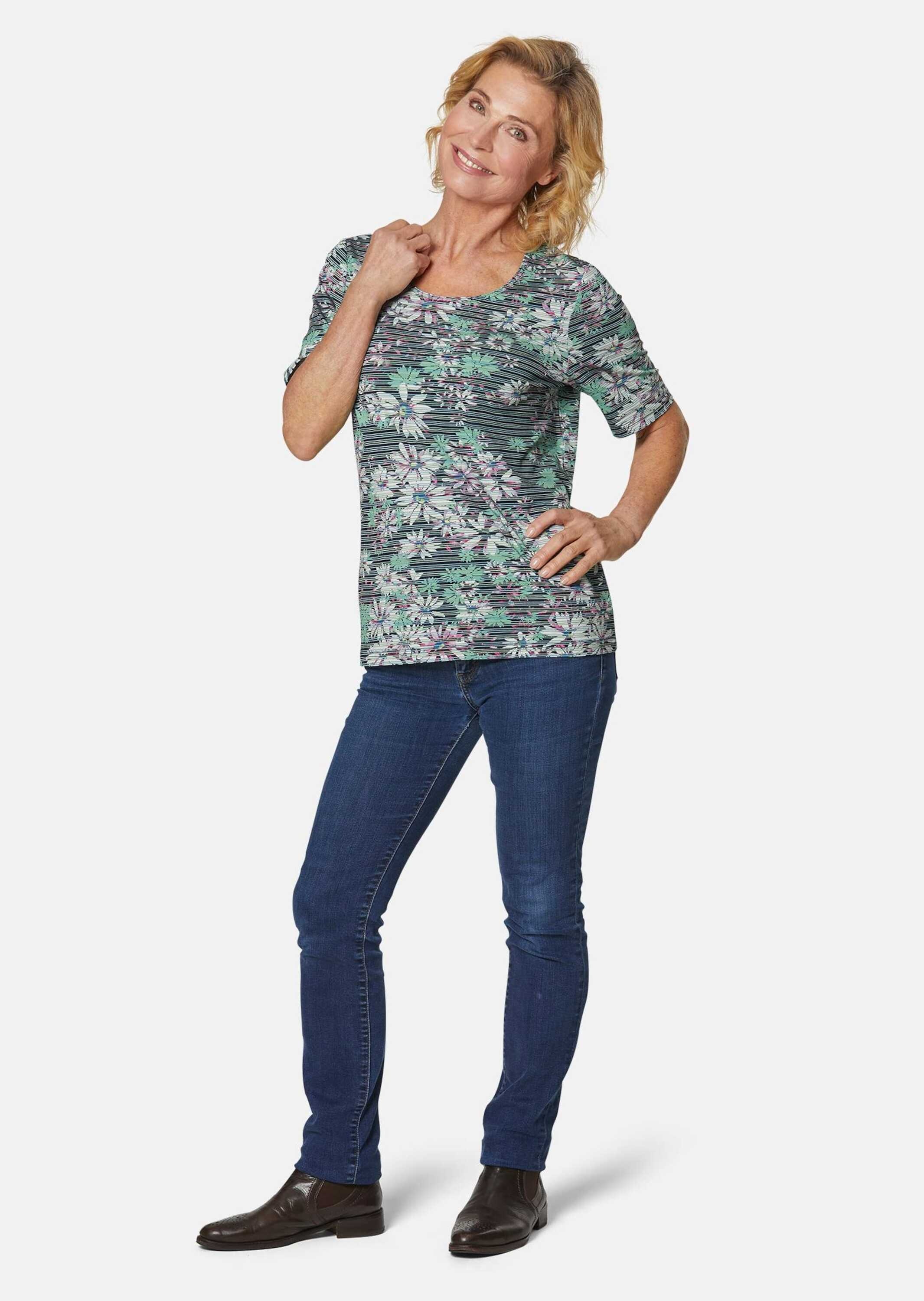 GOLDNER Print-Shirt »Kurzgröße Druckshirt in Blumen-Ringeloptik« Vielseitig kombinierbar