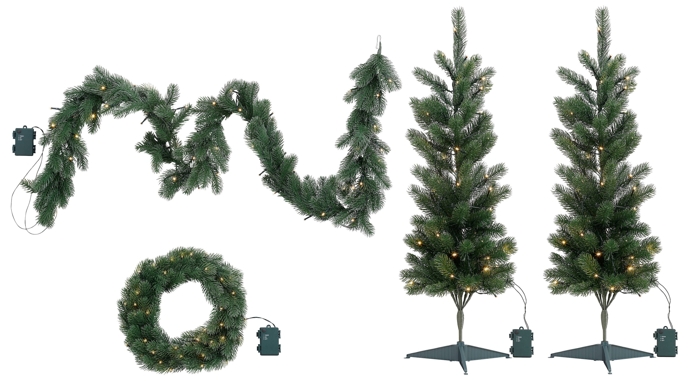 my home Winterliche Kunstpflanze »Bennet, 4-teiliges Weihnachts-Set mit LED Beleuchtung«, mit Girlande, Dekokranz und LED Bäumchen, Timerfunktion