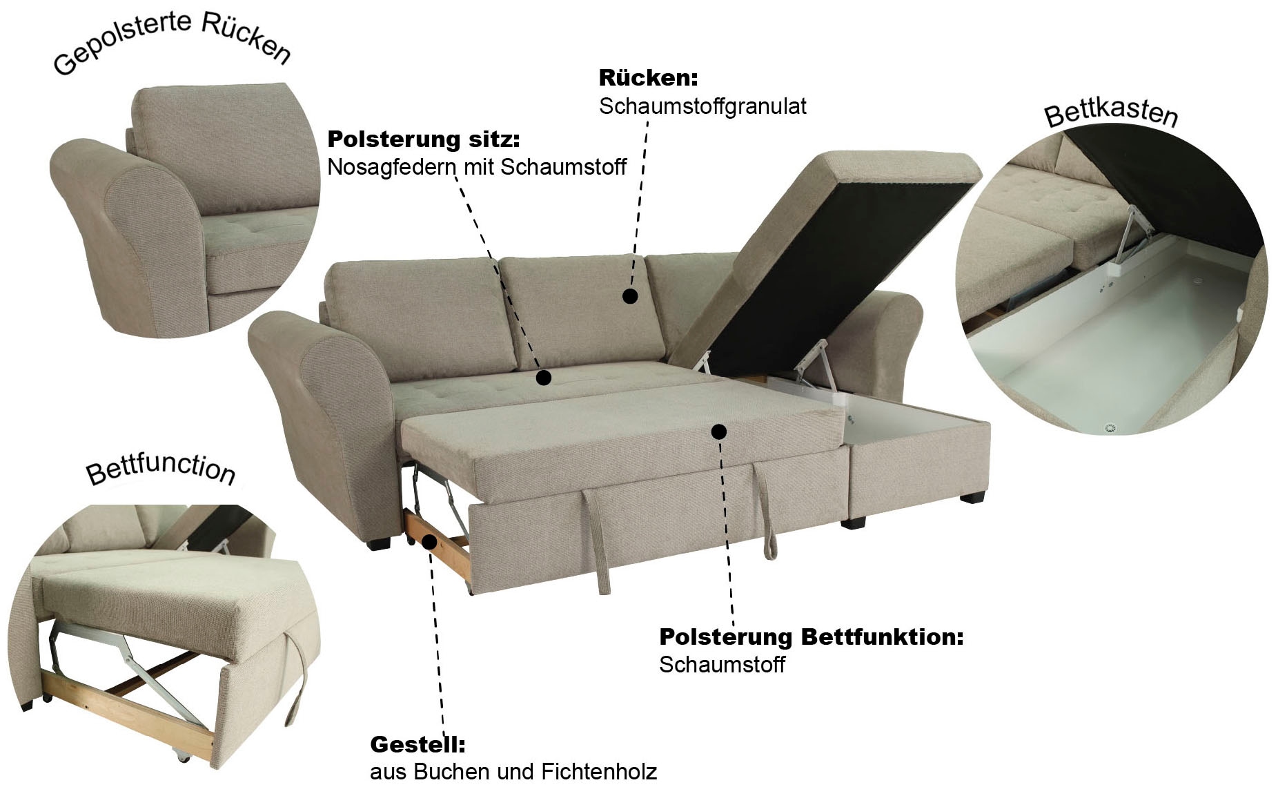 Trends by HG Ecksofa »LASSE, L-Form«, (2 St.), inkl. Schlaffunktion & Bettkasten