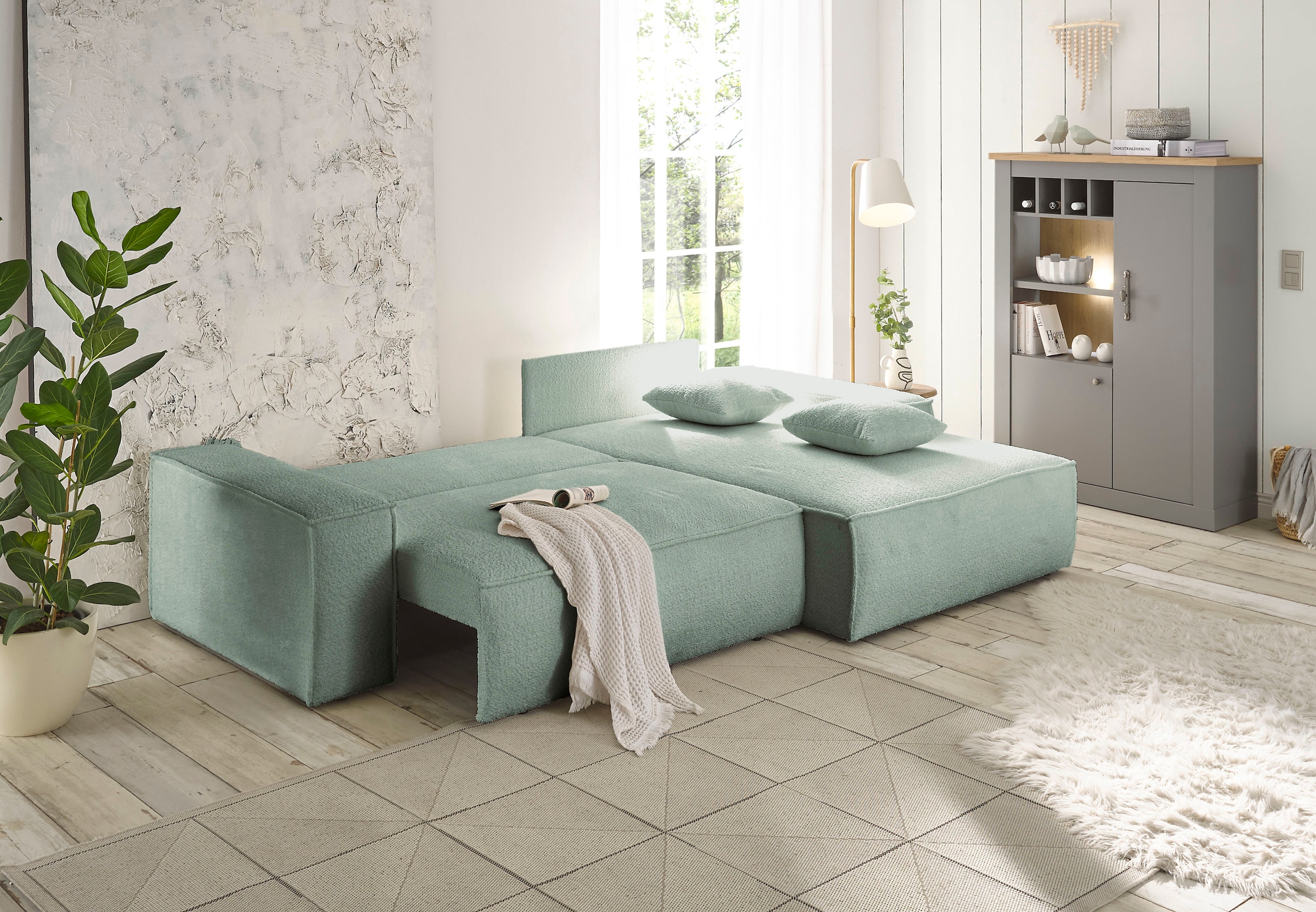 andas Ecksofa »Finnley Schlafsofa 267 cm in Bouclé u. Struktur fein, L-Form,«, Schlaffunktion m. Bettkasten (136/210 cm), Bouclé, Struktur