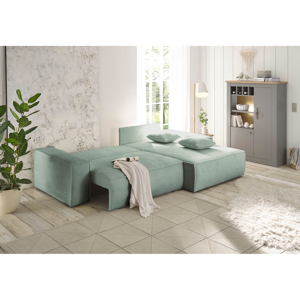 andas Ecksofa »Finnley Schlafsofa 267 cm in Bouclé u. Struktur fein, L-Form,«, Schlaffunktion m. Bettkasten (136/210 cm), Bouclé, Struktur