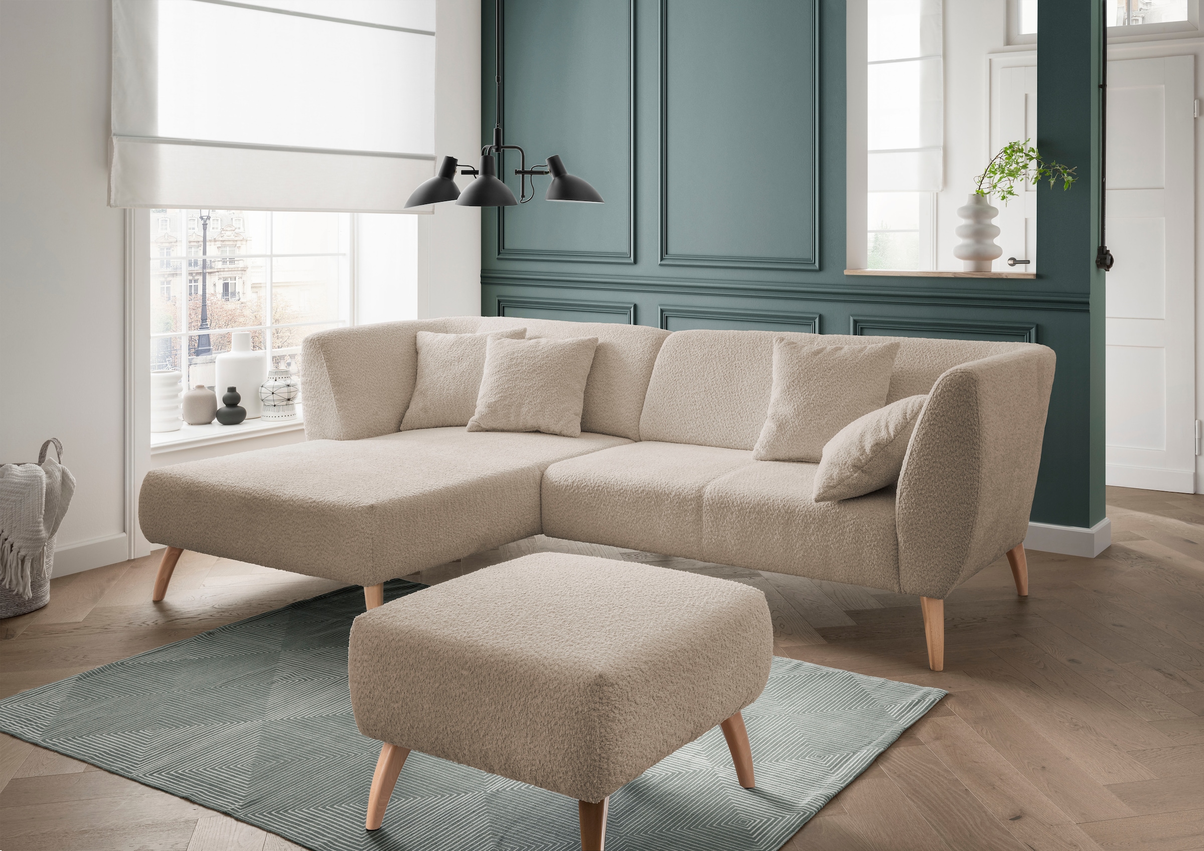Home affaire Ecksofa "Lazio modern und bequem, schmale Armlehnen, tolle Detailverarbeitung" Holzfußfarbe wählbar, inkl. 4x Zierkissen