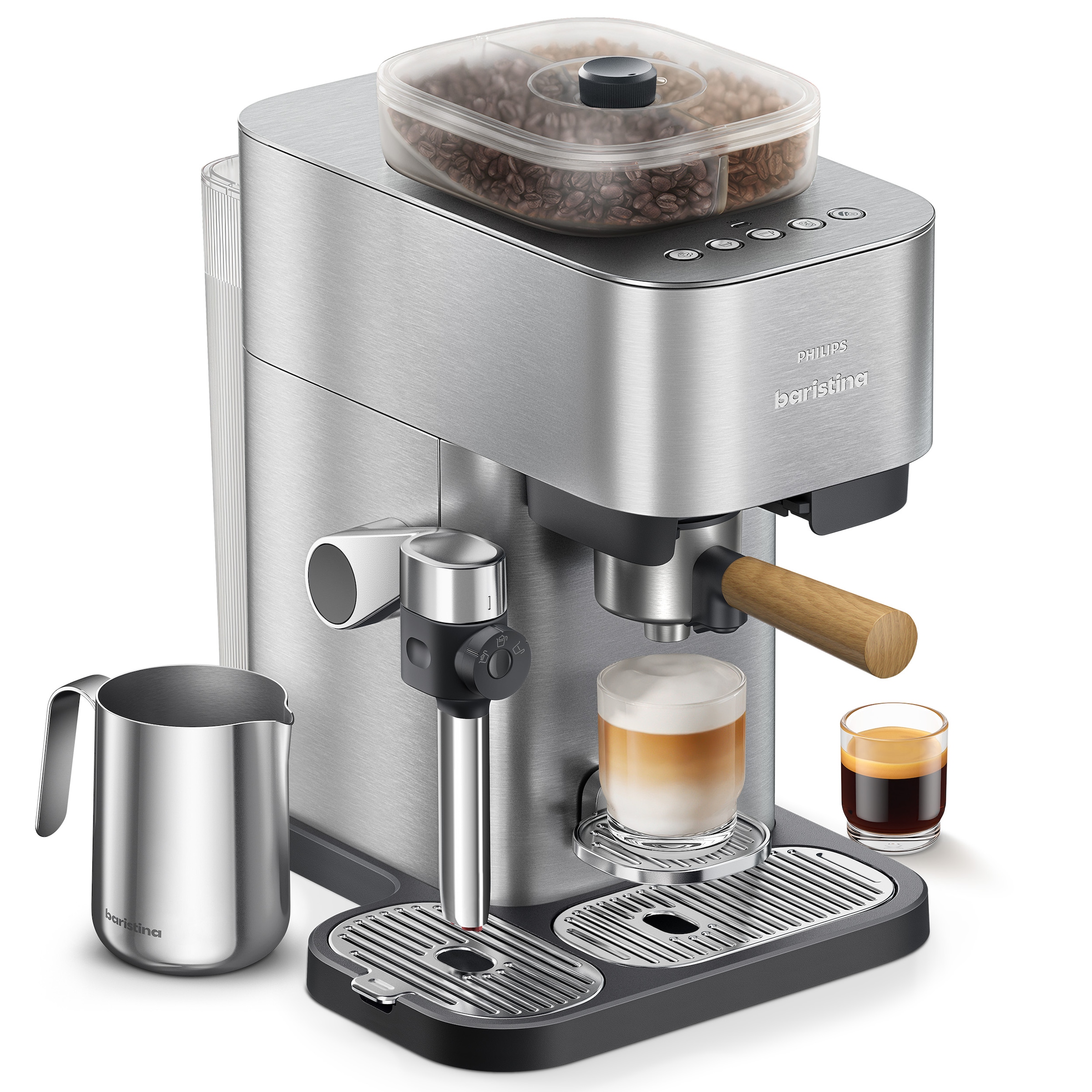 PHILIPS baristina Espressomaschine »Latte Plus BAR700/00 mit Mahlwerk für ganze Bohnen« automatische Milchdüse, 16 bar Pumpendruck, Edelstahl/Eschenholz