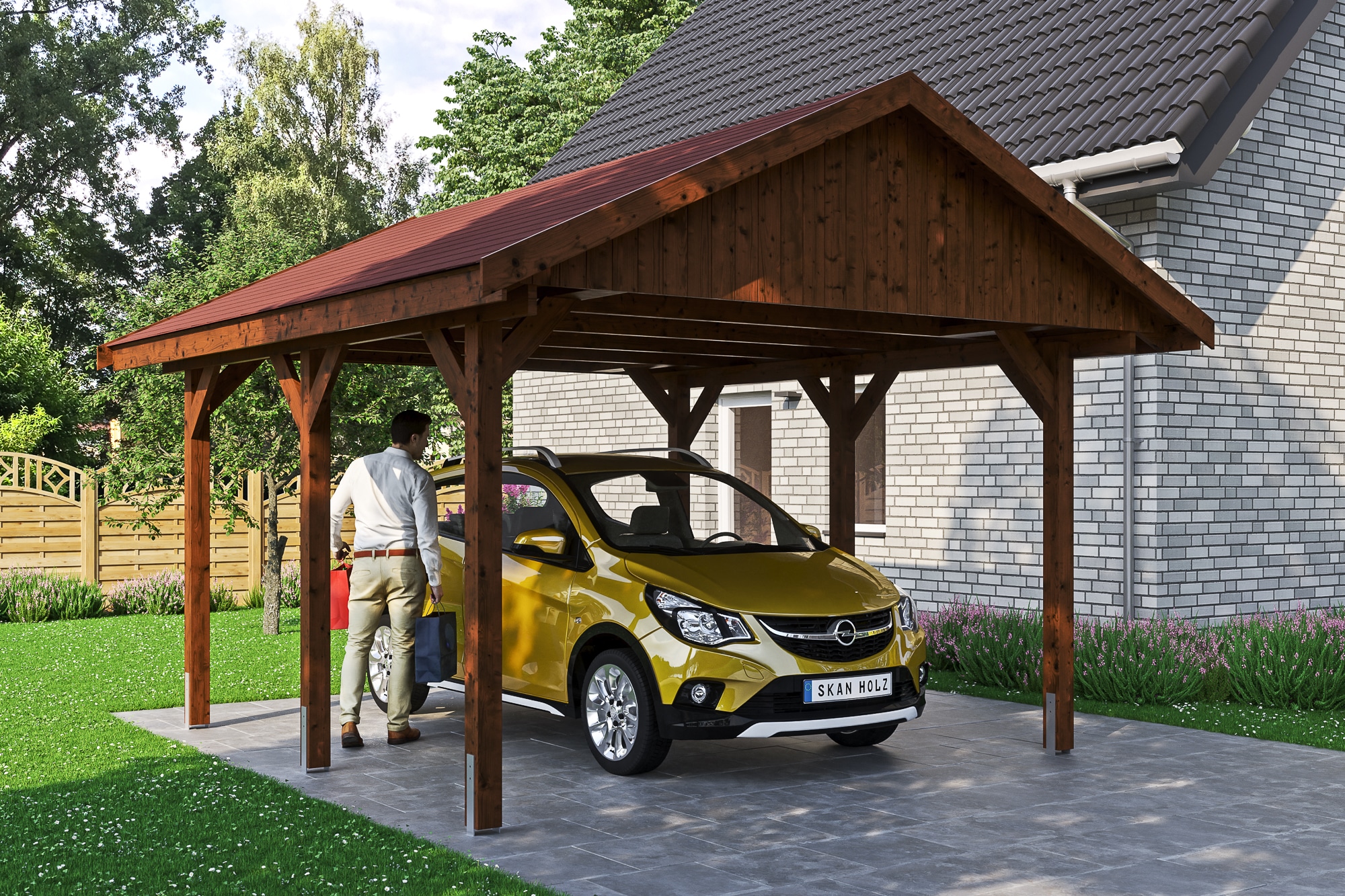 Skanholz Einzelcarport »Wallgau«, Nadelholz, 340 cm, Nussbaum, mit roten Dachschindeln