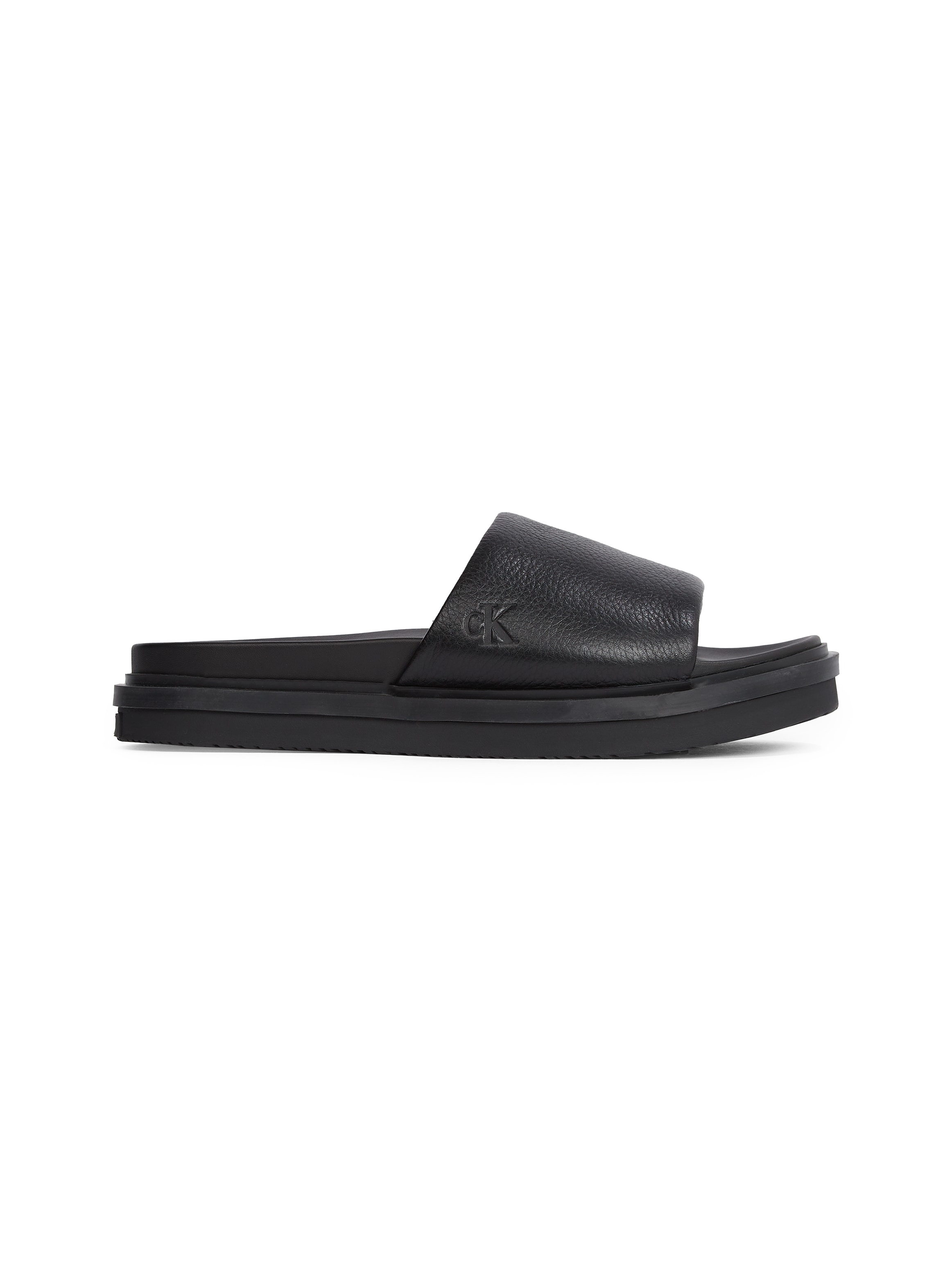 Calvin Klein Jeans Pantolette »FLAT MOLDED SLIDE SANDAL LTH«, Poolslides, Sommerschuh, Strandschuh, Schlappen mit CK Prägung