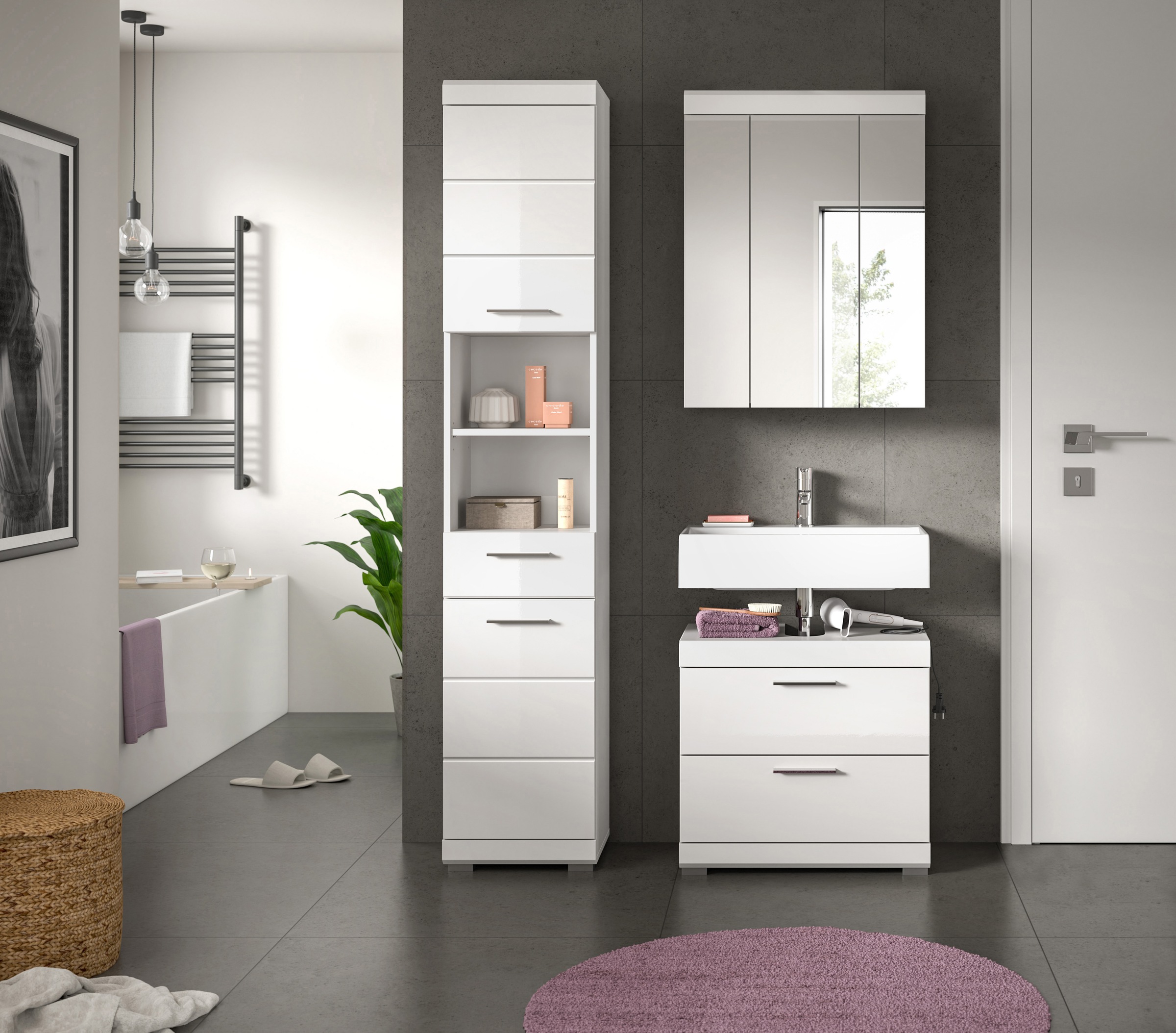 INOSIGN Badmöbel-Set »Siena, 3 teilig, bestehend aus:«, (Set), Hochschrank, Waschbeckenunterschrank, Spiegelschrank