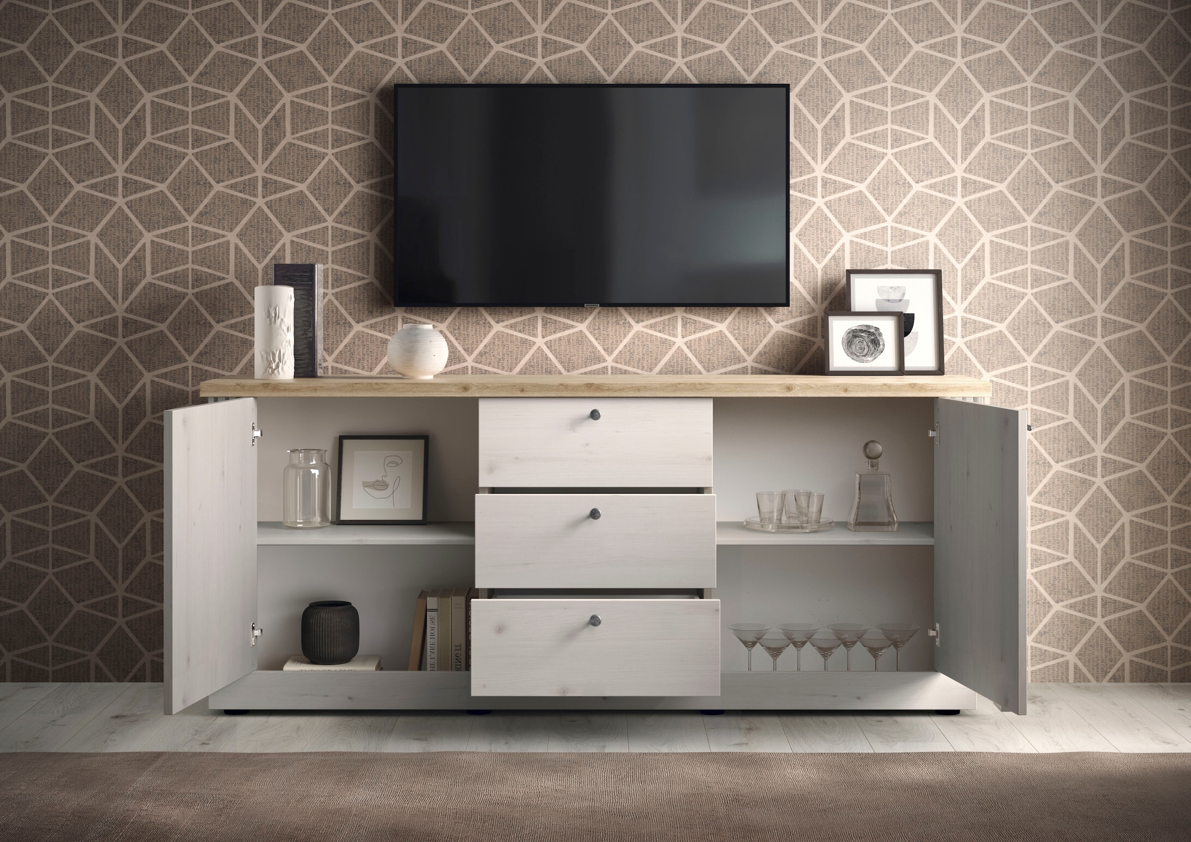 Home affaire Sideboard »Country Breite 211 cm, Kommode 2 Türen u. 3 Schubkästen, Anrichte«, im Landhausstil, viel Stauraum, mit Metallgriffe, MDF Rahmen
