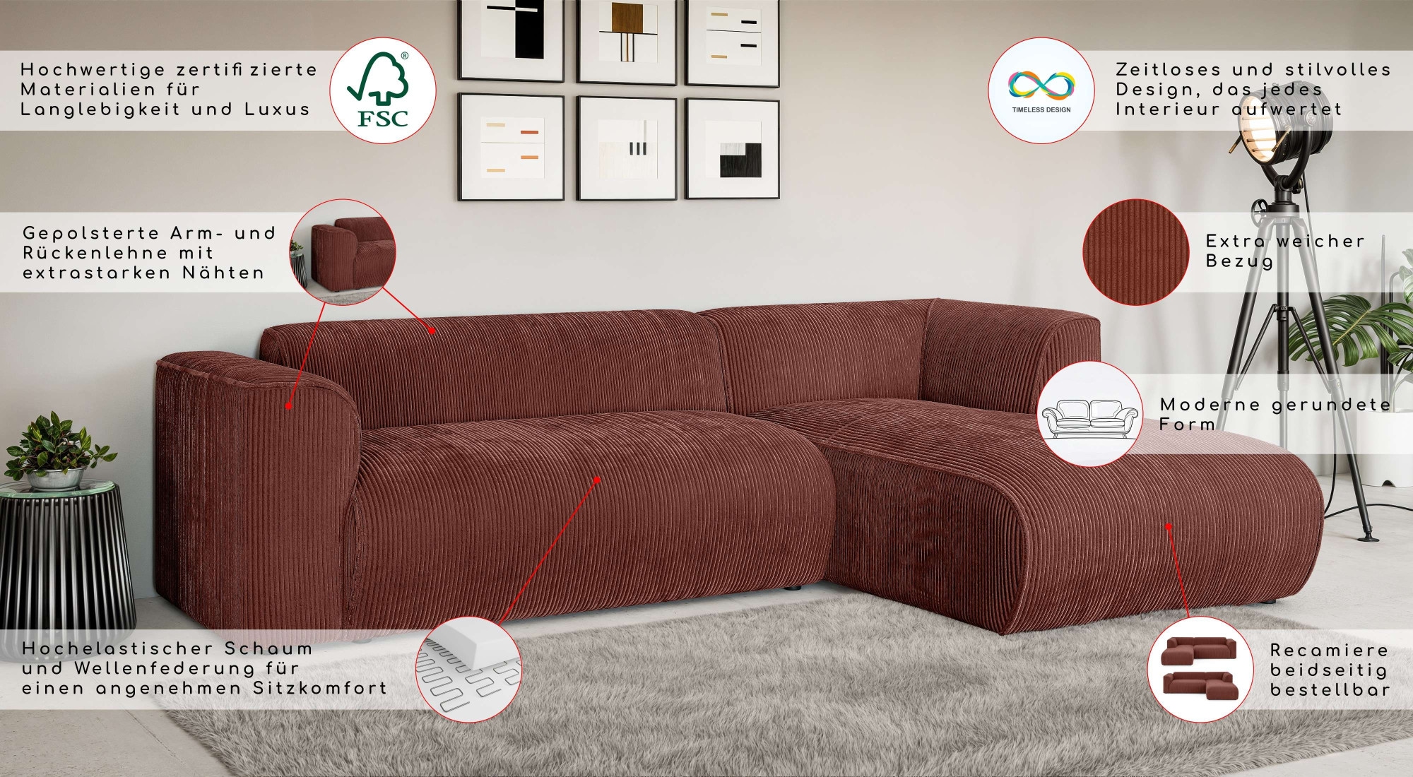 INOSIGN Ecksofa »MERID L-Form (257 cm), zeitlos & stilvolles Design,«, Aufwendig gepolstert, in Cord, Chenille und Struktur