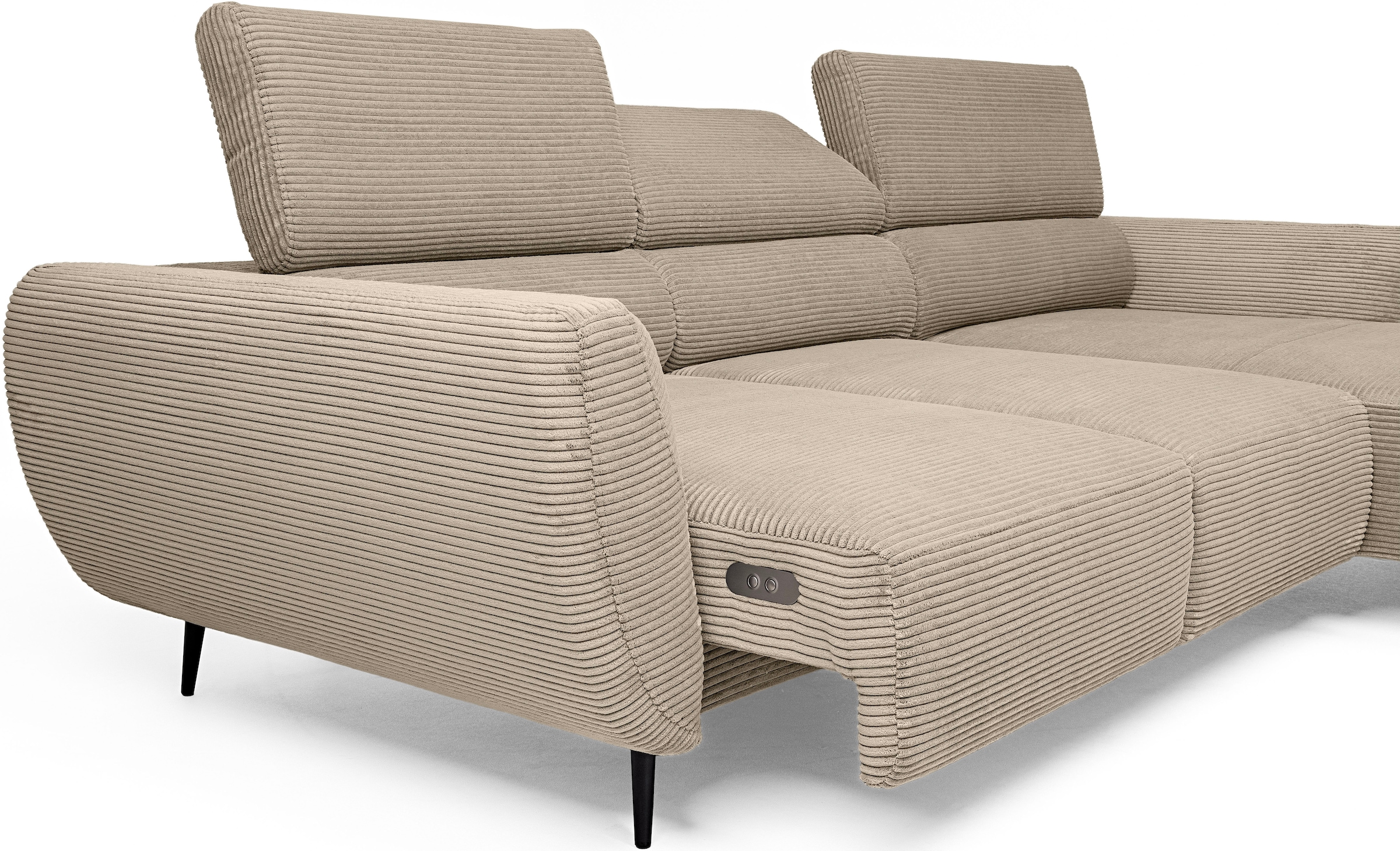 WERK2 Ecksofa »Alisson Sitztiefe elektrisch verstellbar, verstellbare Kopfstützen« Schwebendes L-Form Sofa in Cord, 15 cm bodenfrei (saugrobotergeeignet)