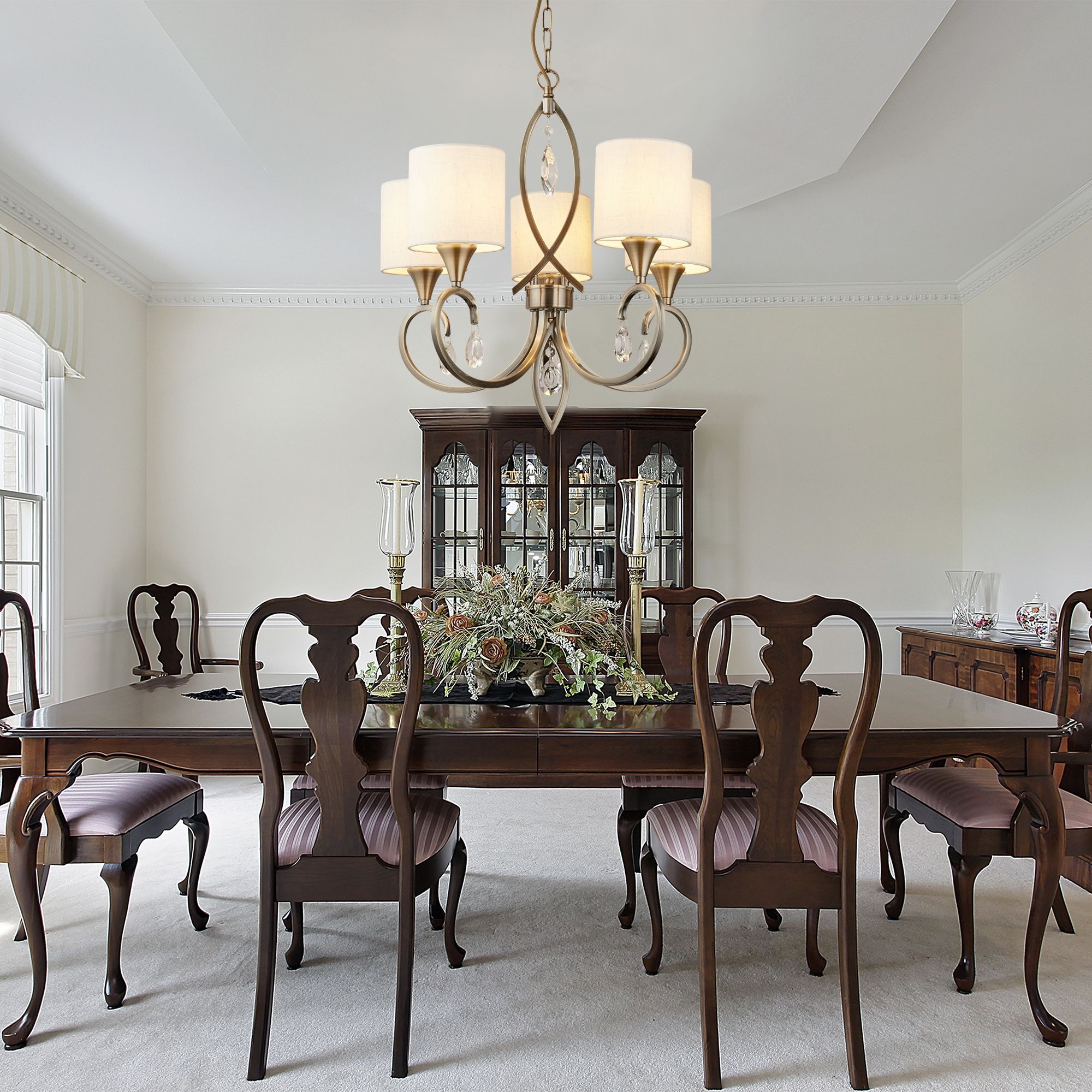 Searchlight Kronleuchter »Alberto 5Lt Pendant - Antique Brass, Crystal & Linen Shade« E14 1 Stk.