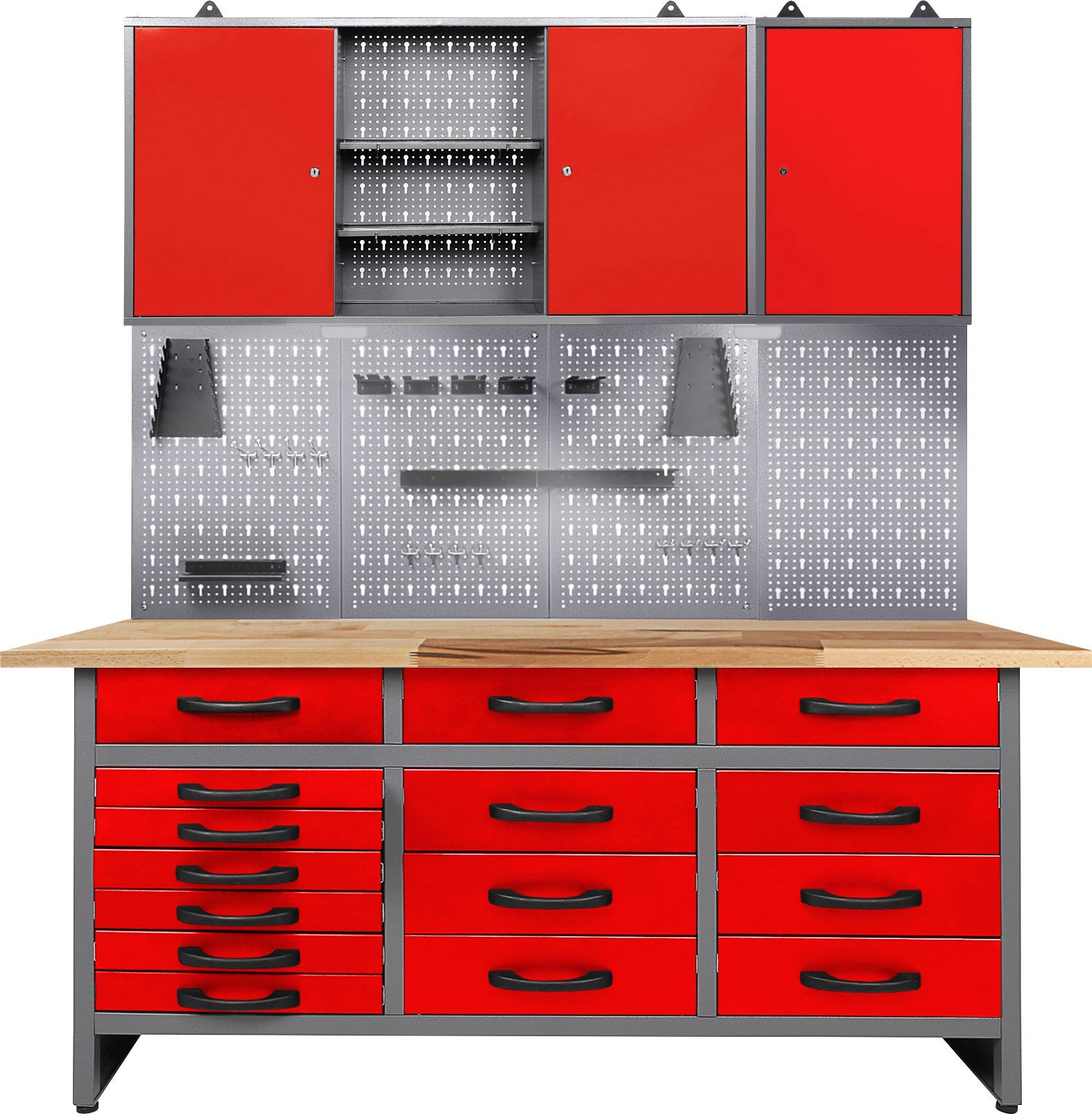 Werkstatt-Set ONDIS24, rot (anthrazit, rot), B:160cm H:205cm T:60cm, Edelstahl, Werkbänke, 160 cm, mit LED - Einheitsgröße
