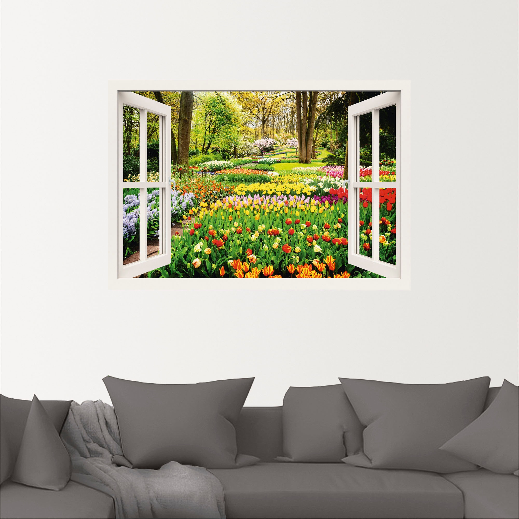 Artland Wandbild »Fensterblick Tulpen Garten Frühling«, Fensterblick, (1 St.), als Alubild, Outdoorbild, Leinwandbild, Poster, Wandaufkleber
