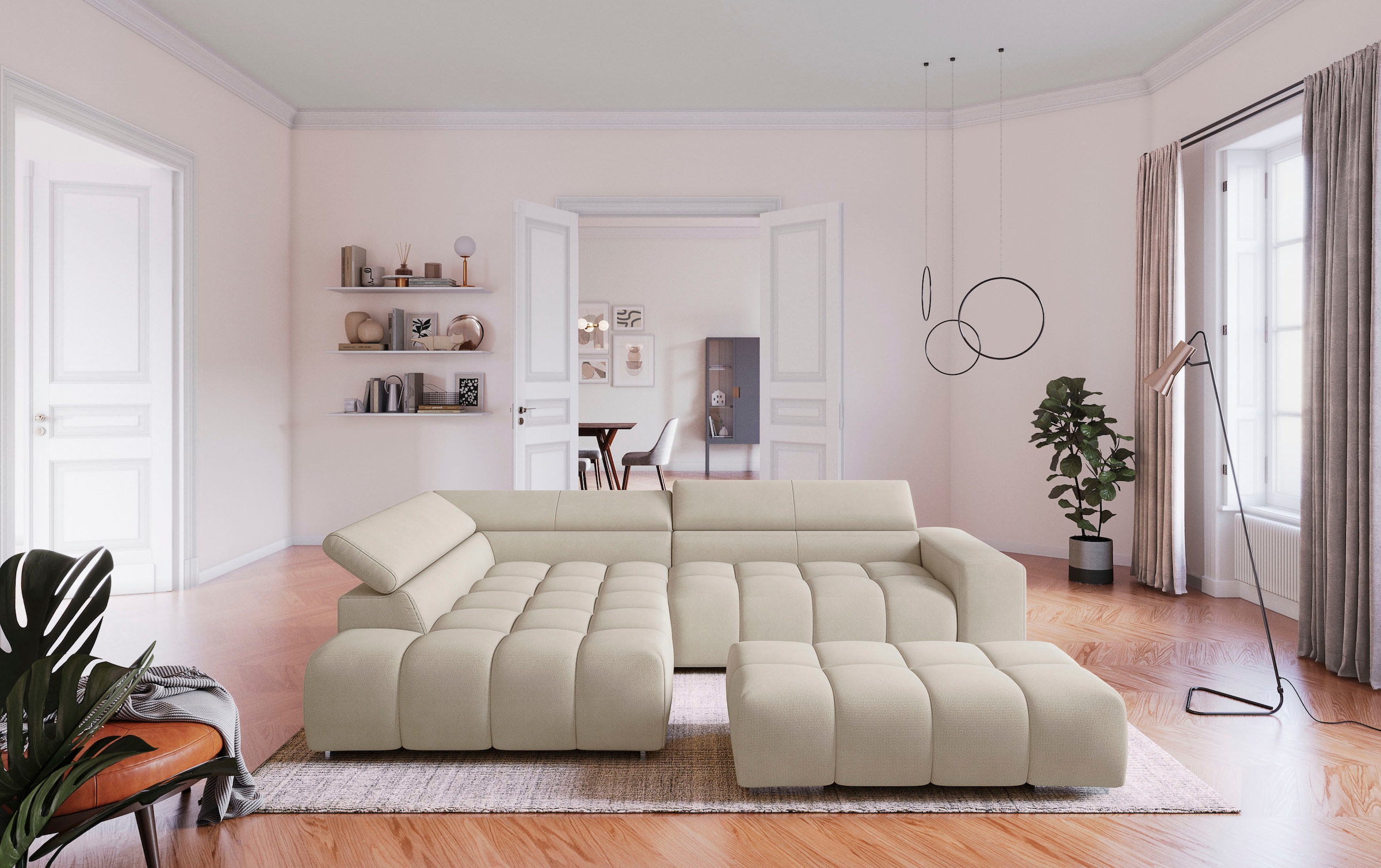 COTTA Ecksofa "Orion L-Form, B: 310 cm, moderne Steppung, bequeme Wellenunterfederung" Kopfteilverstellung & 5 Nierenkissen