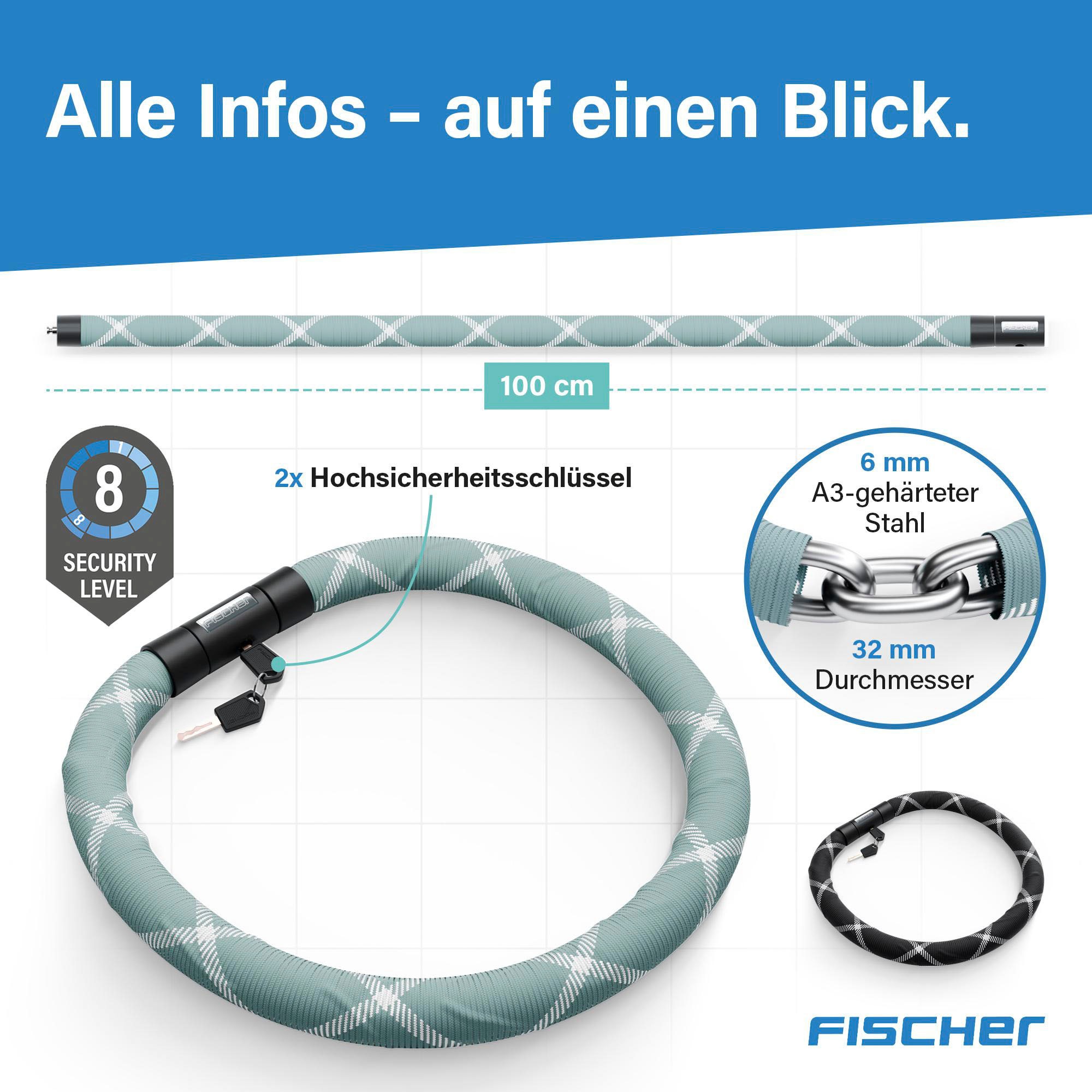 FISCHER Fahrrad Kettenschloss »Kettenschloss SILENCE CK100/32 mint«