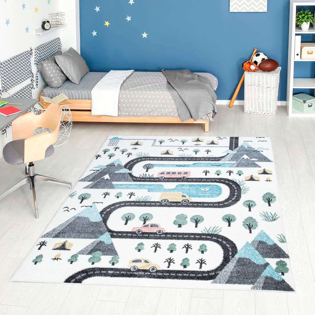 Carpet City Kinderteppich "ANIME904", rechteckig, 11 mm Höhe, Kinderzimmer Teppich Modern mit Mond, Blumen, Wolken, Crem