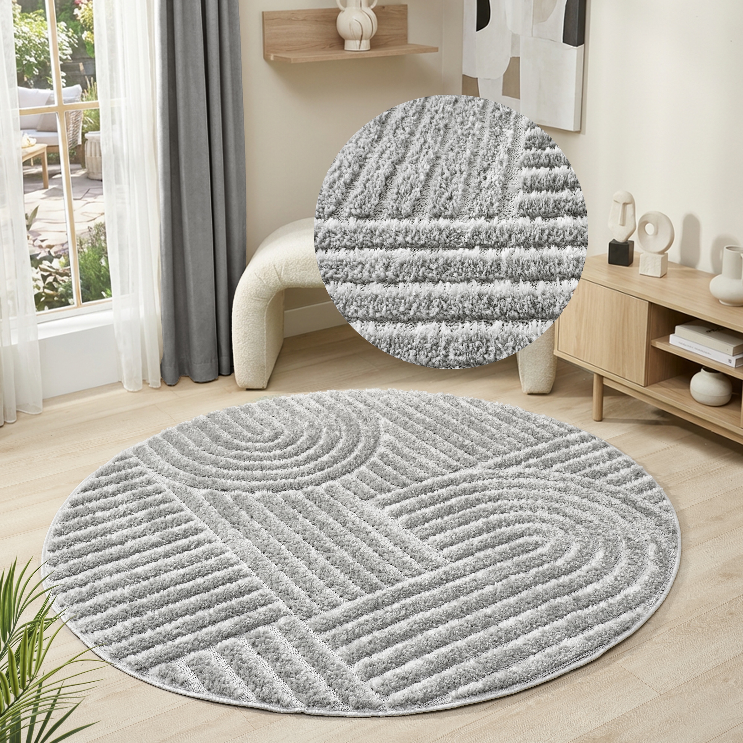 OTTO home Teppich "Jonne, Boho-Design, Scandi, Designteppich" rund 20 mm Höhe Hoch-Tief, 3D Optik, skandinavischer Stil, Wohnzimmer, Schlafzimmer