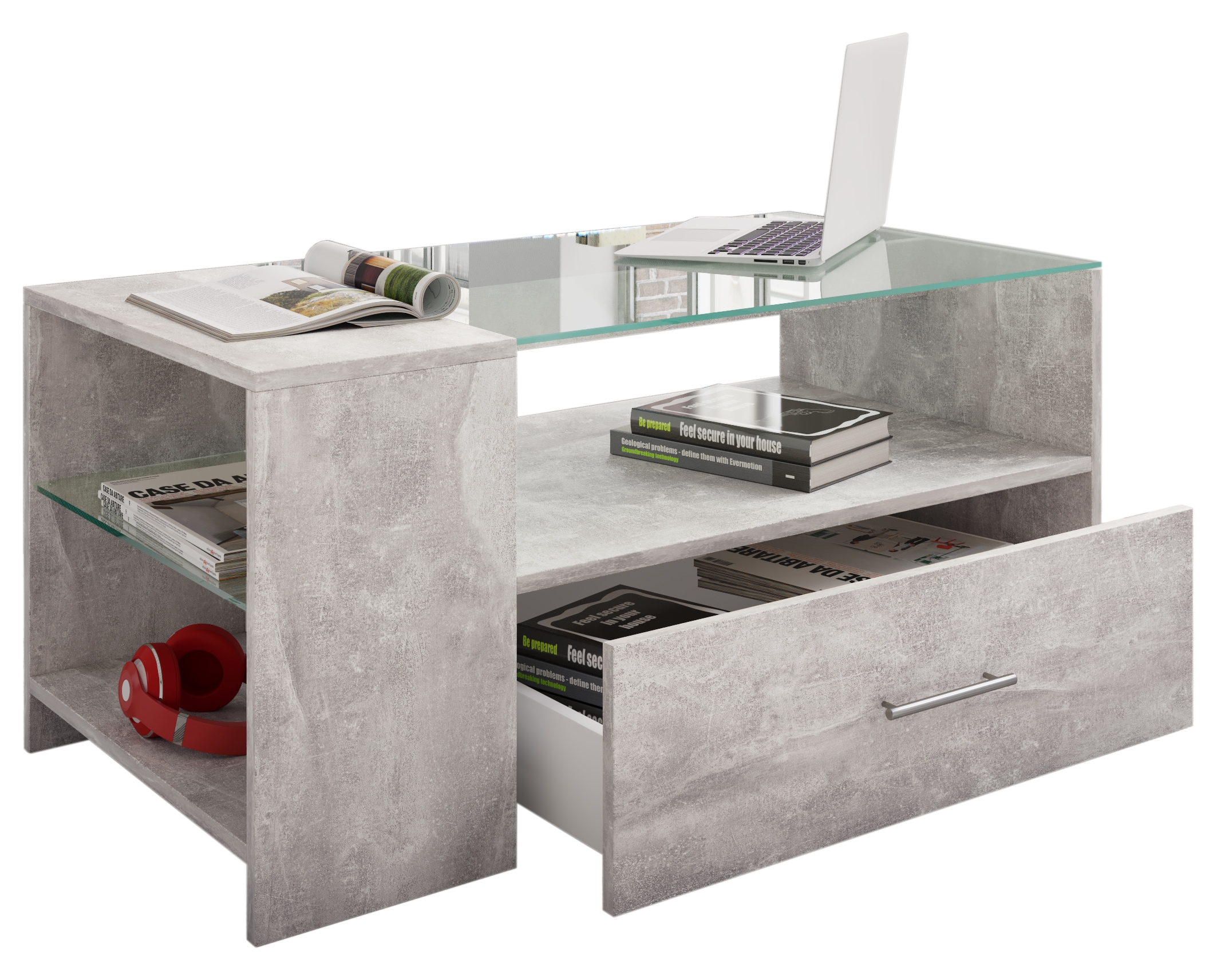 Couchtisch VCM "Holz Sofatisch Couchtisch Schublade Glas Tindala", grau (beton, optik), B:100cm T:50cm, Tische, Couchtisch
