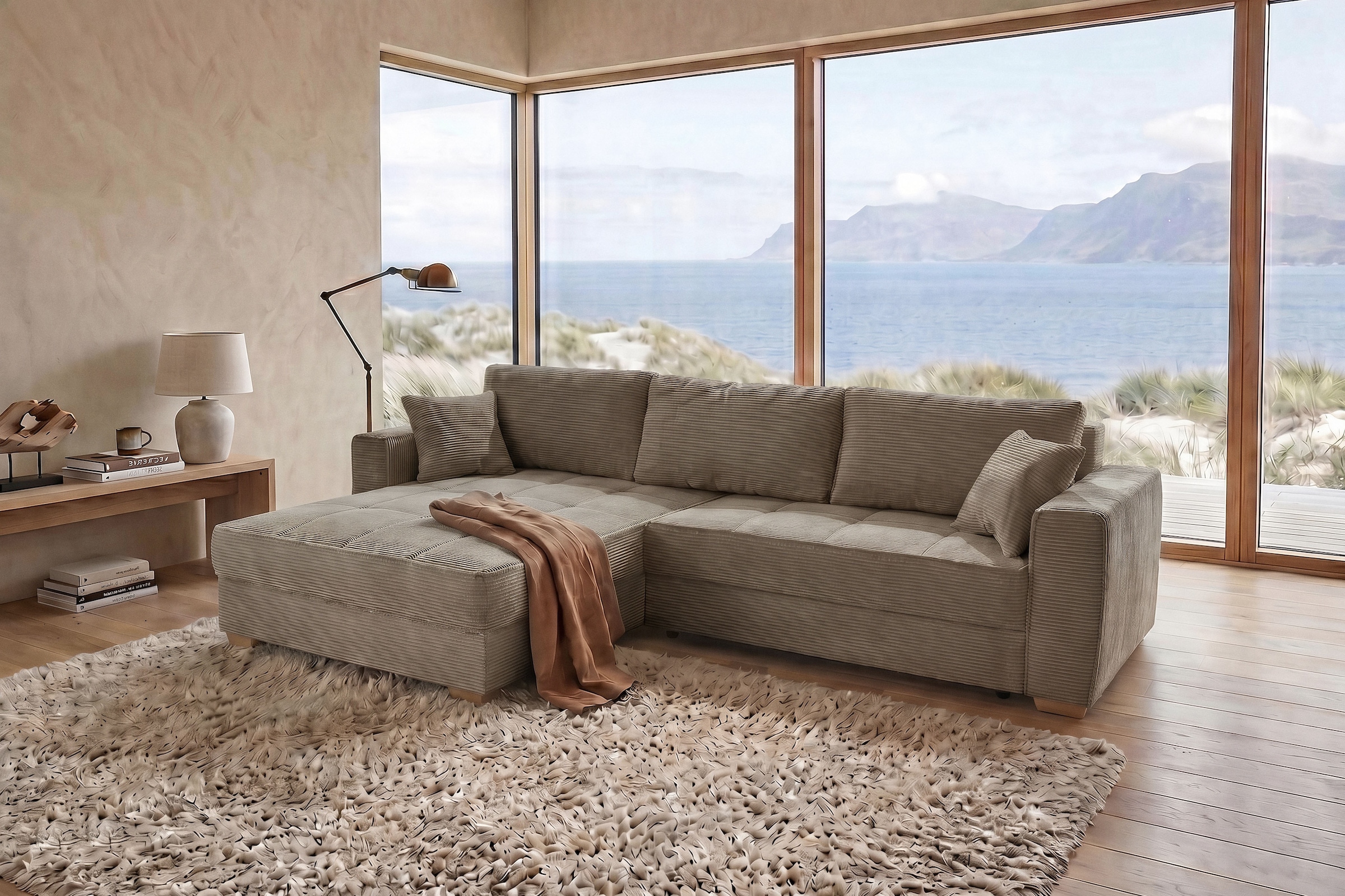 Jockenhöfer Gruppe Ecksofa »Bologna, L-Form, Breite: 298 cm, Cord-Bezug, beidseitig montierbar« mit Bettfunktion, Bettkasten&Zierkissen, Wellenfederung, XXL-Ottomane