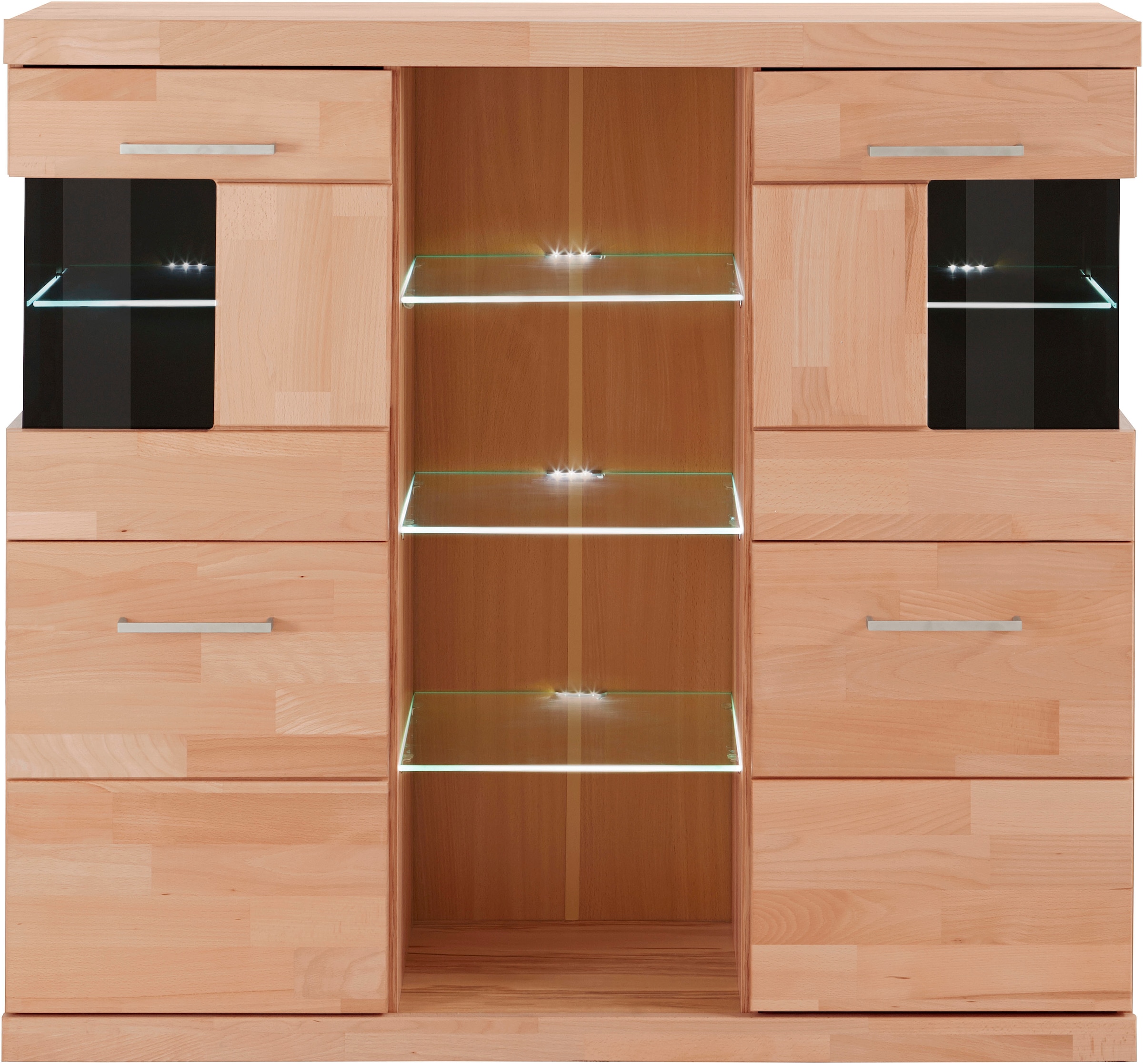 Home affaire Highboard »Ribe,120cm breit,112cm hoch, Fronten Massivholz,12 Fächer«, Holz massiv, Holzwerkstoff, Metall Griffe,2Türen mit Glaseinsatz