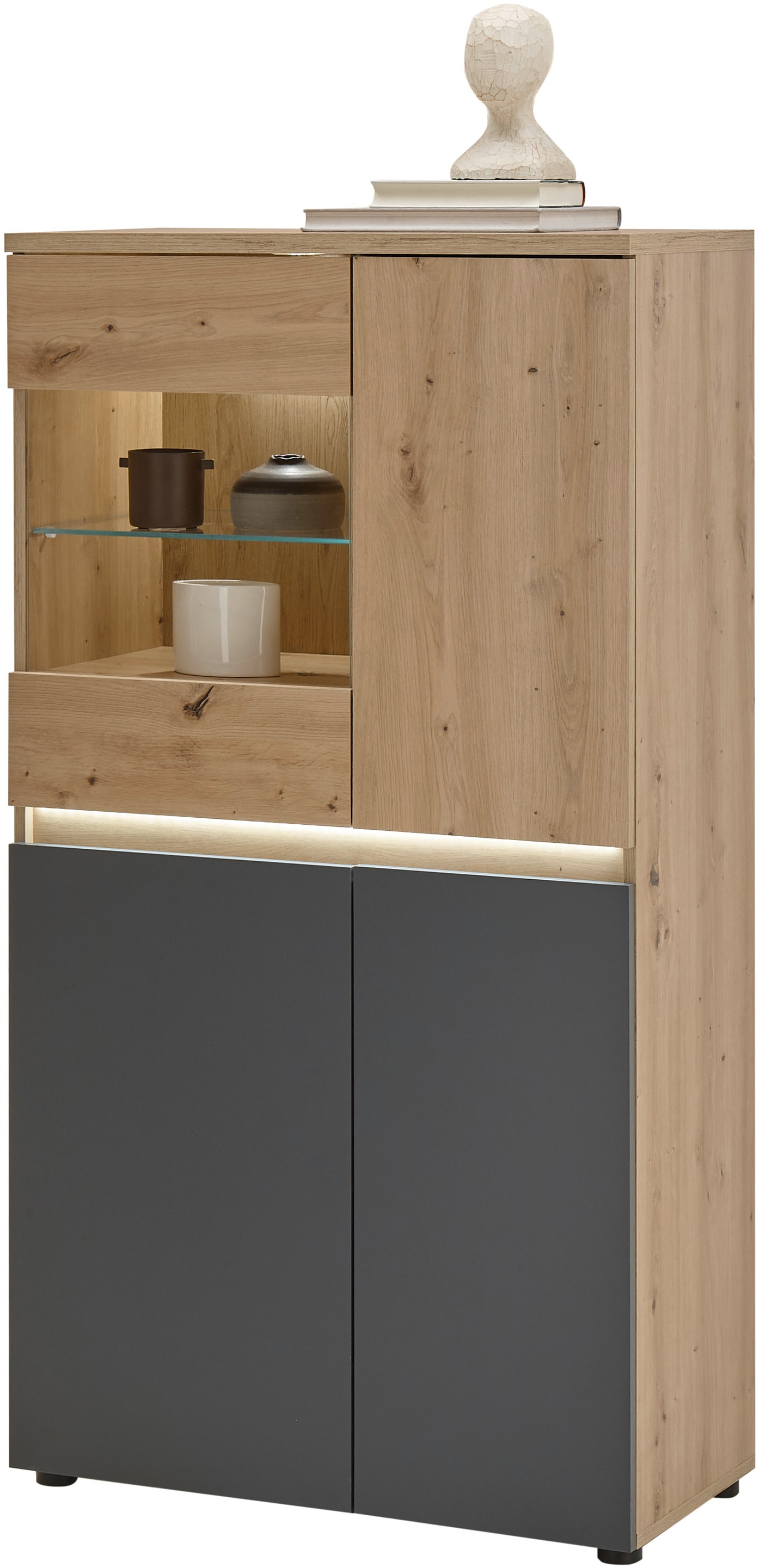 HBZ Highboard "Lille mit LED-Beleuchtung, Wohnzimmerschrank BxHxT 75x140x38 cm", (1 St.), Mit 3 Türen, 4 Einlegeböden un