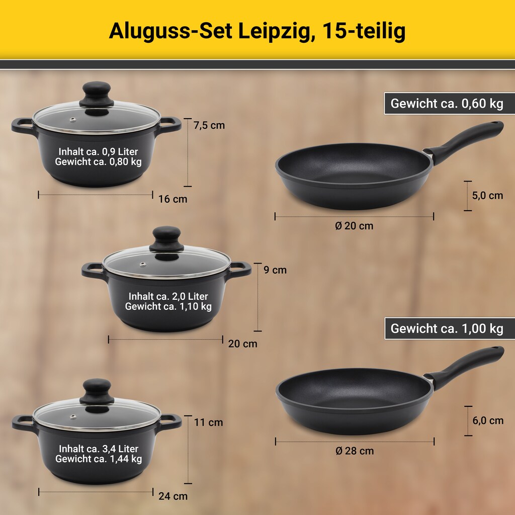 Krüger Topf-Set »Aluguss Topf-/ Pfannenset LEIPZIG inkl. Küchenhelfern, 15 tlg.«, Aluminiumguss, (Set, 15 tlg., Fleischtopf 16+20+24 cm, Pfanne flach 20+28 cm, 7 tlg. Küchenhelferset), inkl. 7-tlg. Küchenhelfer-Set