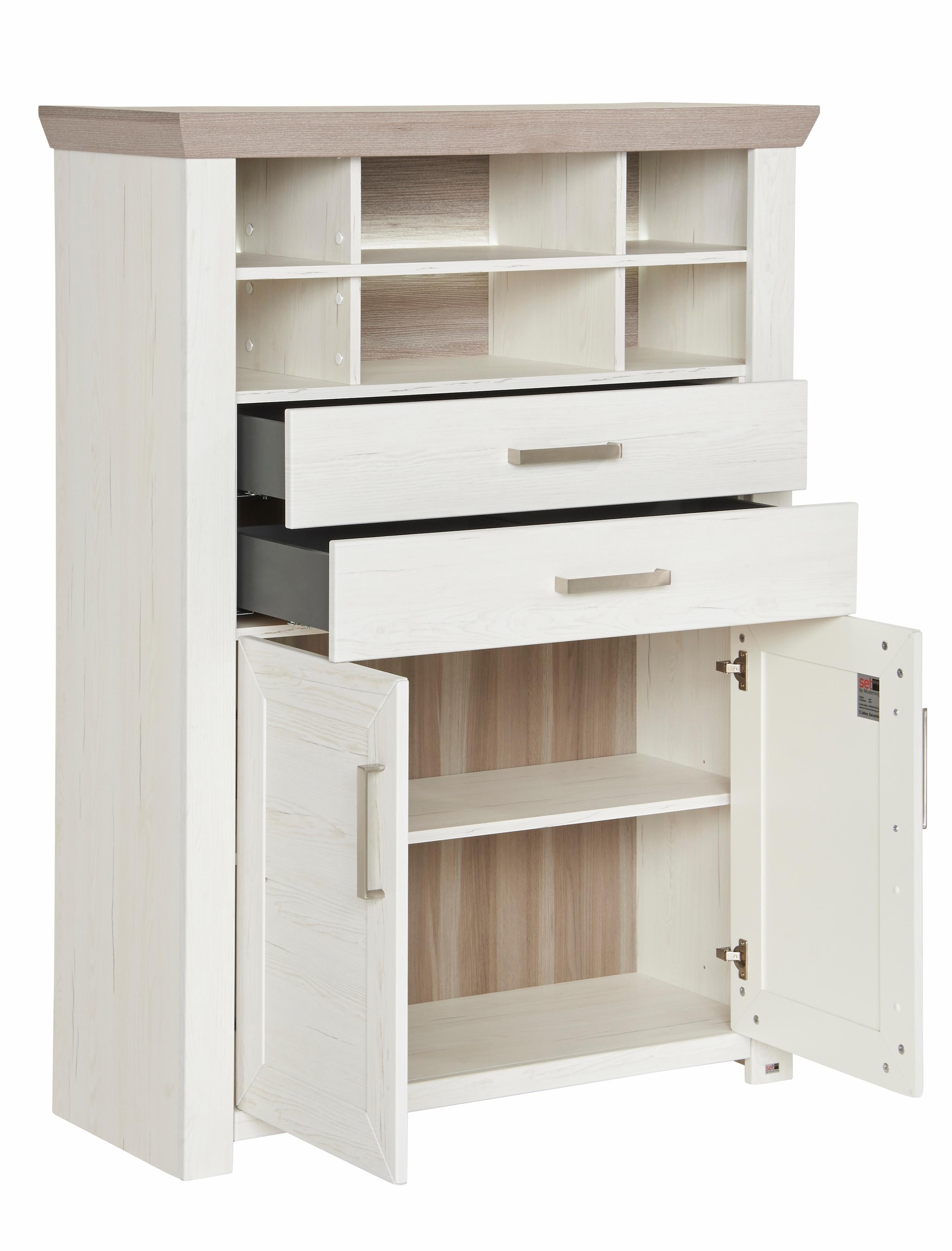 set one by Musterring Highboard »York«, Typ 16, mit Holztüren und Schubkasten, Beleuchtung optional, B 105 cm