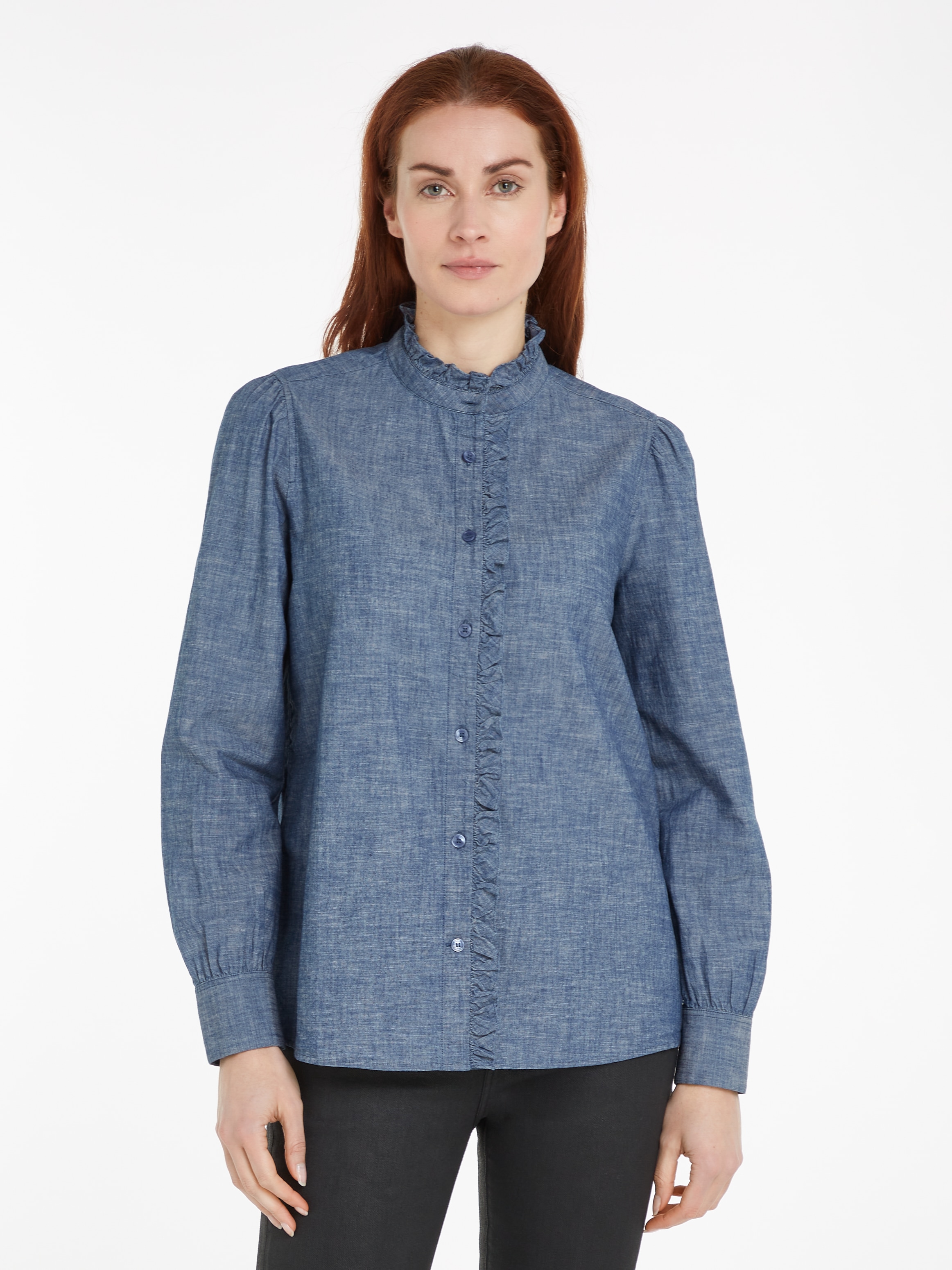 Tommy Hilfiger Shirtbluse "CHAMBRAY RUFFLE RELAXED SHIRT", mit Rüsche, Cahmbray Qualität