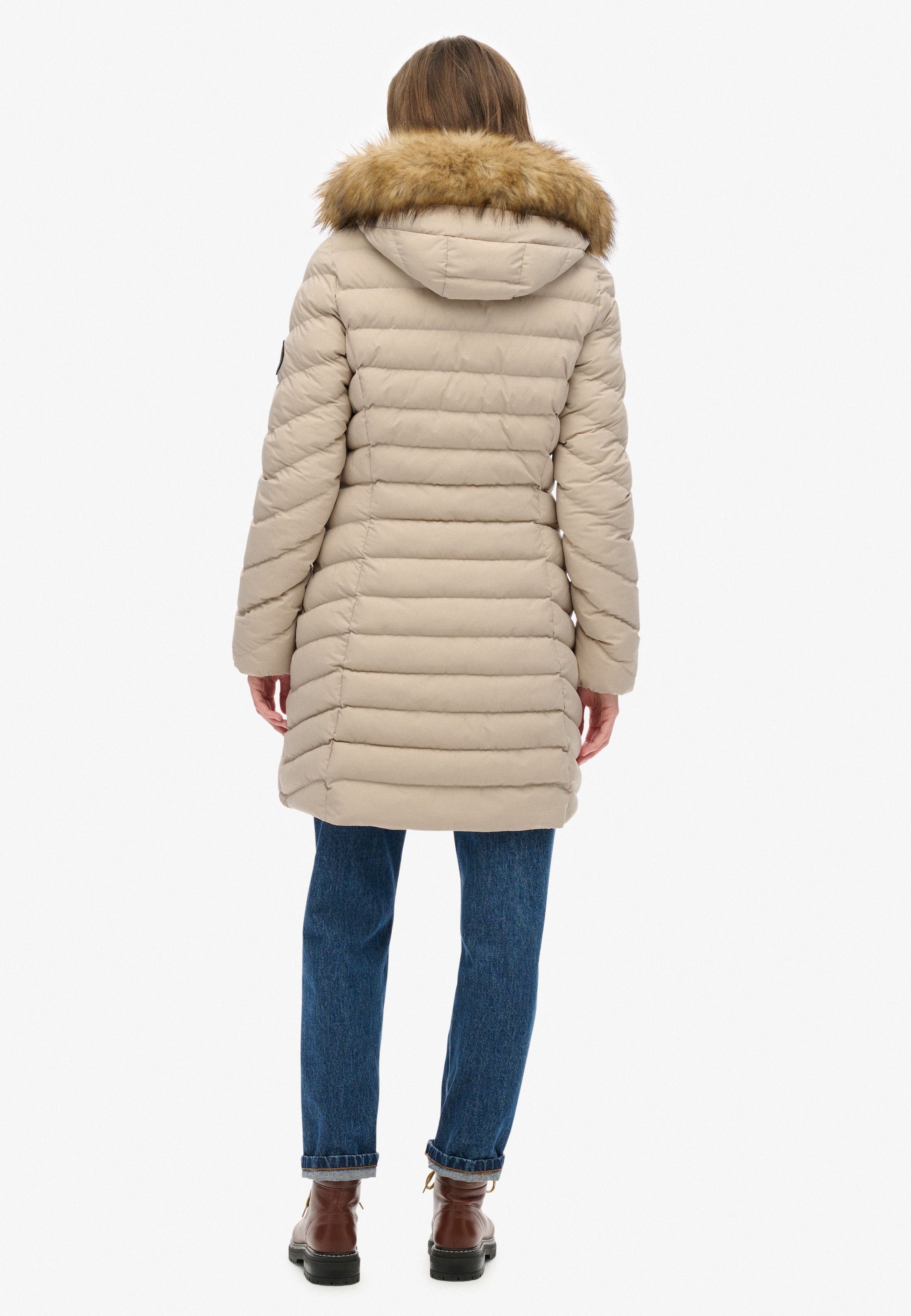 Superdry Steppjacke »FUJI FAUX FUR HOOD MID LENGTH« mit Kapuze Slim Fit, mit Reißverschluss, aus Polyester und Kunstfaser