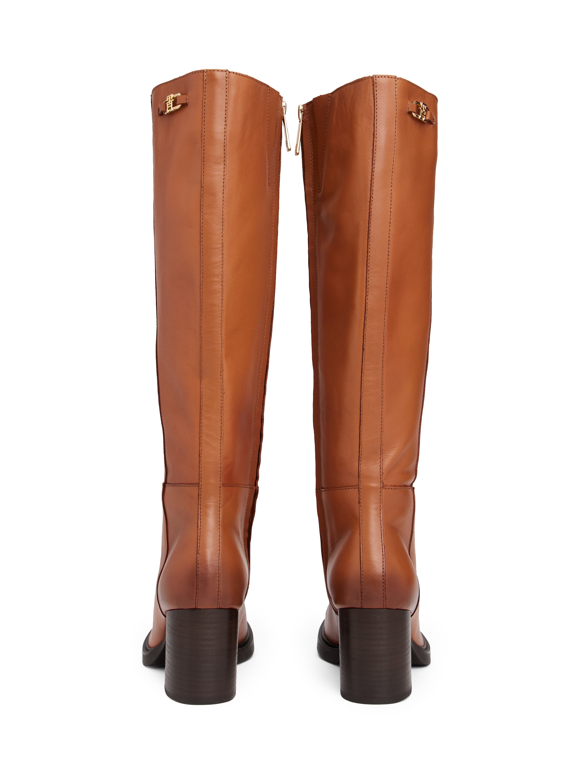 Tommy Hilfiger Stiefel »STACKED HEEL LEATHER LONG BOOT«, Blockabsatz, Langschaftstiefel mit goldfarbenem Logo-Schmuckelement