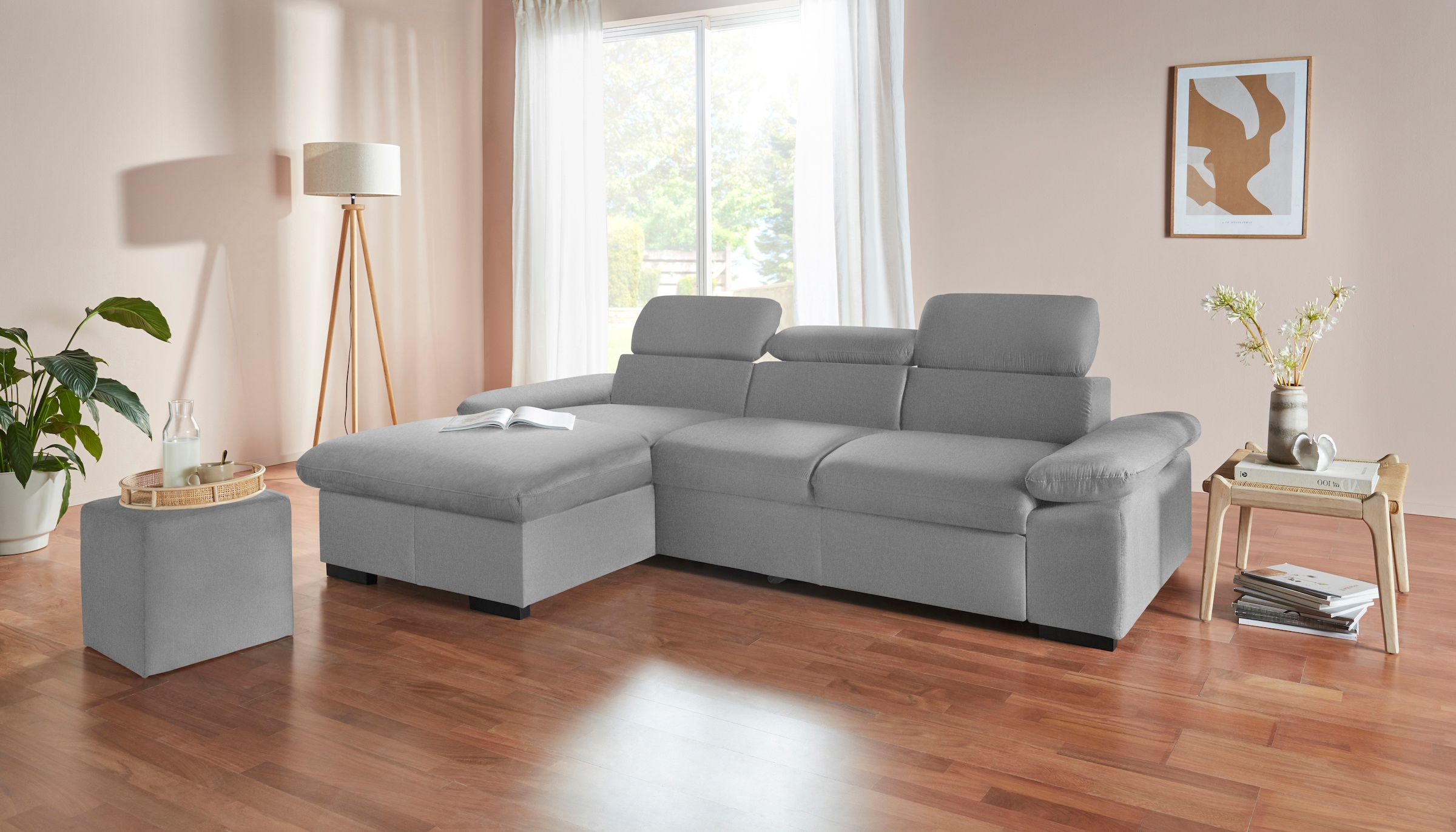 COTTA Ecksofa »Lola L-Form«, (Set, mit Hocker), mit Hocker & Kopfteilfunktion, wahlw. Bett- und Armteilfunktion