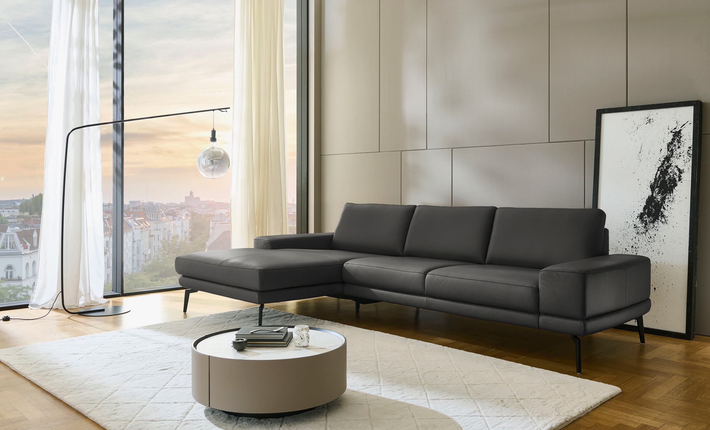 Ecksofa DIE PLANBAR "PN-EM20061, wahlweise frei im Raum stellbar", torro schwarz, B:310cm H:86cm T:180cm, Sofas, Ecksofa, wahlweise mit echt bezogenem Rücken und Sitztiefenverstellung 5