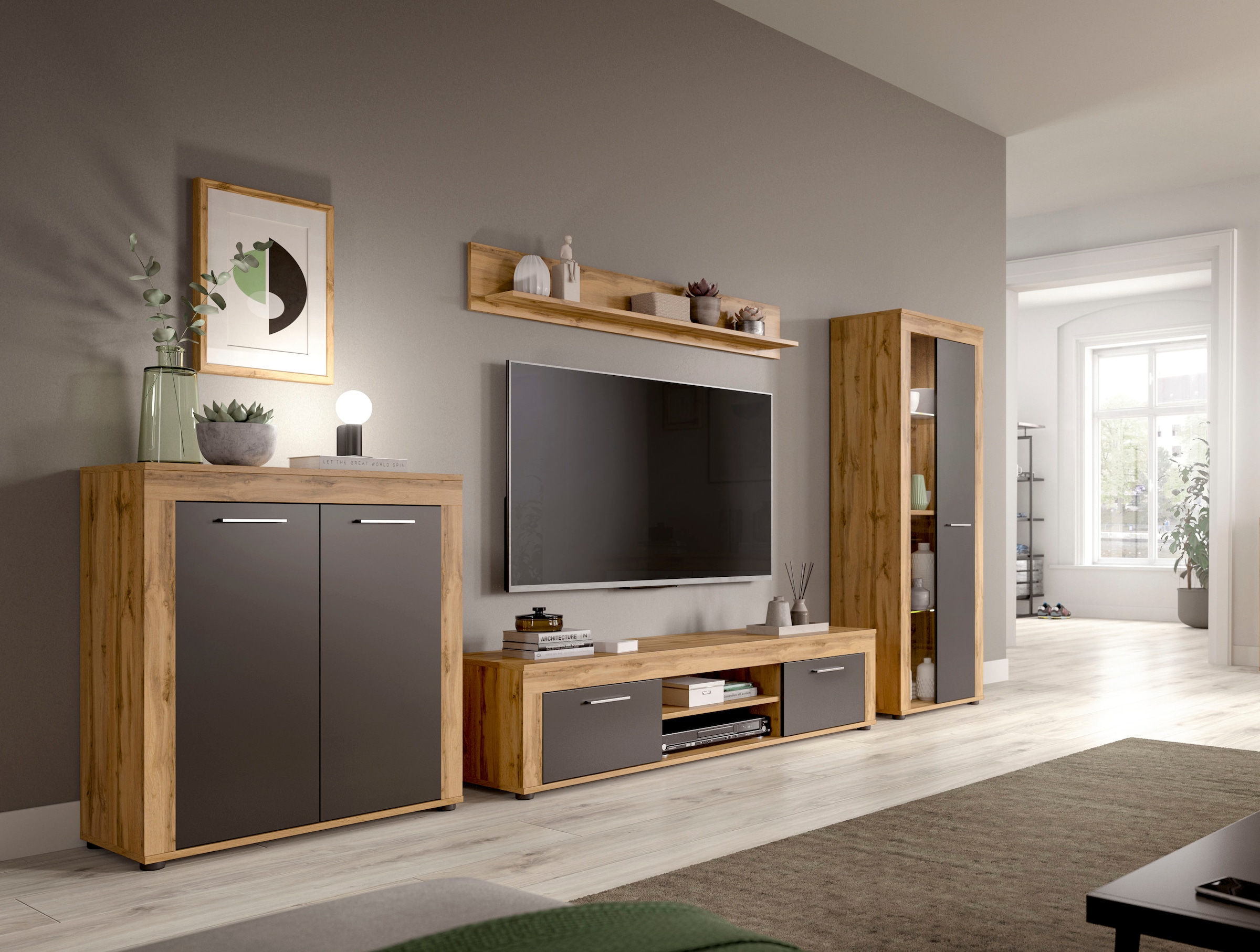 INOSIGN Wohnwand »Aosta, Breite 235cm, bestehend aus Lowboard, Wandboard, Vitrine«, (3 St.), Wohnwand, Kombination, Anbauwand, Möbel Set, Schrankwand, Möbel Kombi