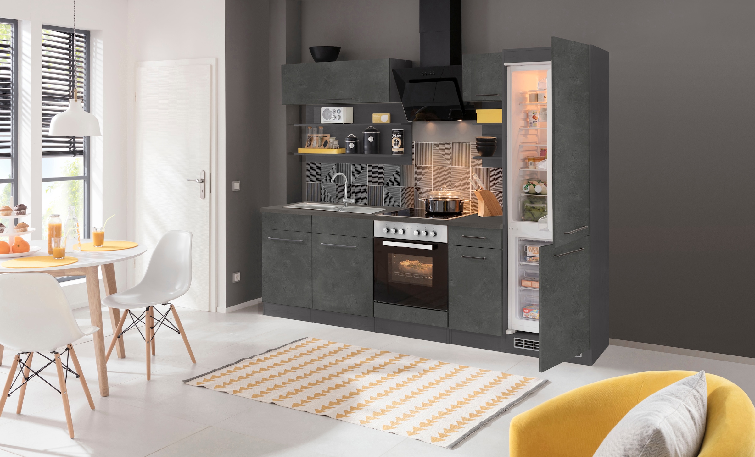 KOCHSTATION Küchenzeile »KS-Tulsa«, ohne E-Geräte, Breite 270 cm, schwarze Metallgriffe, MDF Fronten
