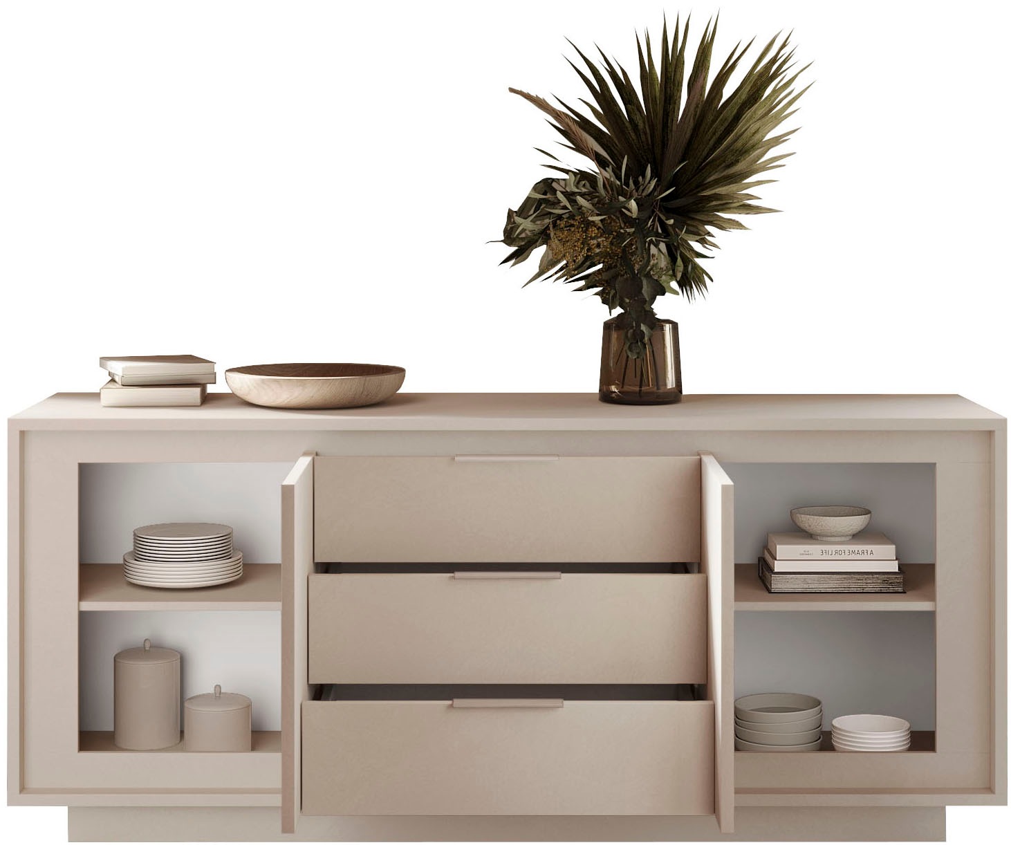 Home affaire Sideboard »Sky, B/T 180/50 cm, Kommode/Stauraumschrank, 2 Türen, 3 Schubkästen« Softclosing, Korpus & Front 22 mm stark, Rahmen-Optik, Metallgriffe