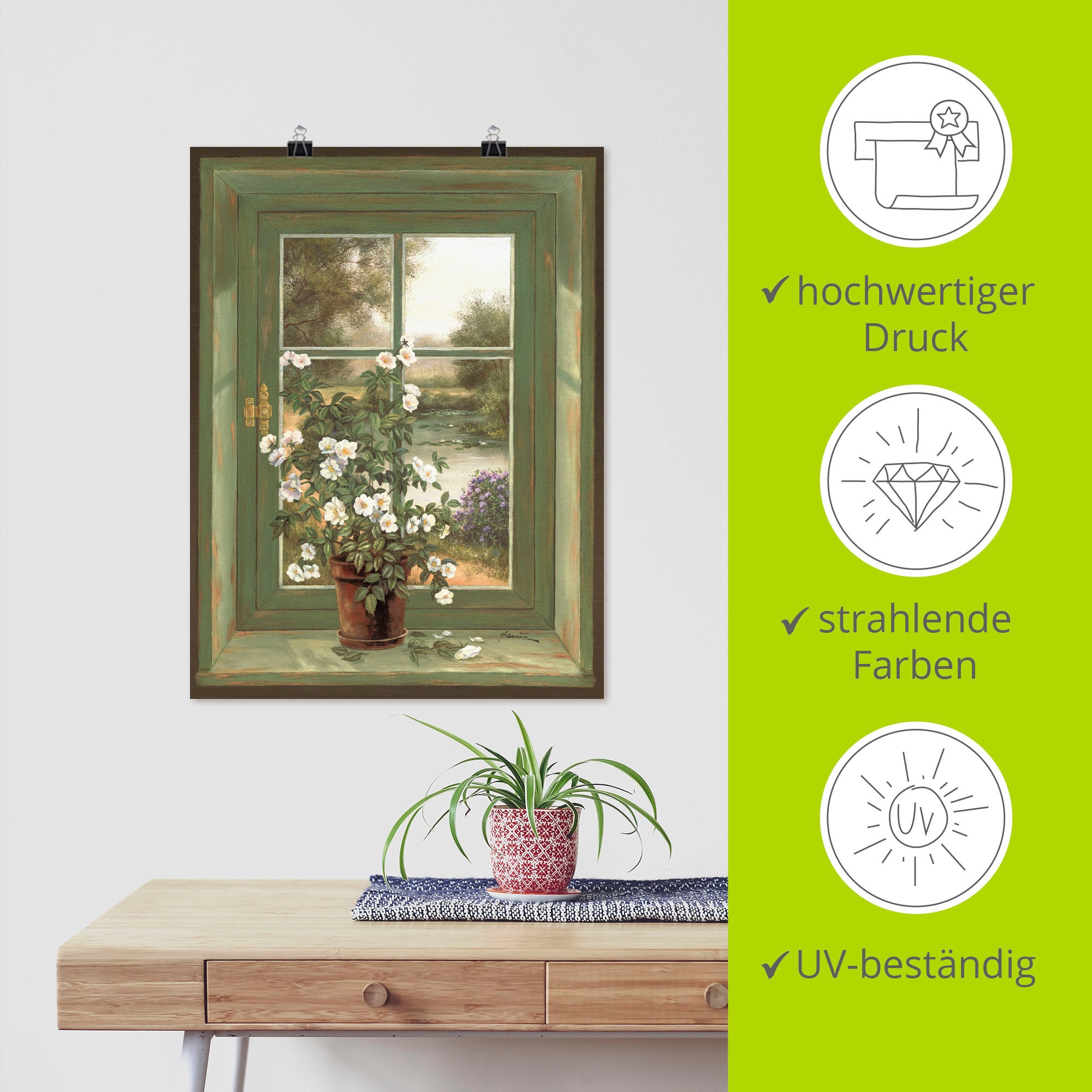 Artland Wandbild »Wildrosen am Fenster«, Arrangements, (1 St.), als Alubild, Outdoorbild, Leinwandbild, Poster, Wandaufkleber