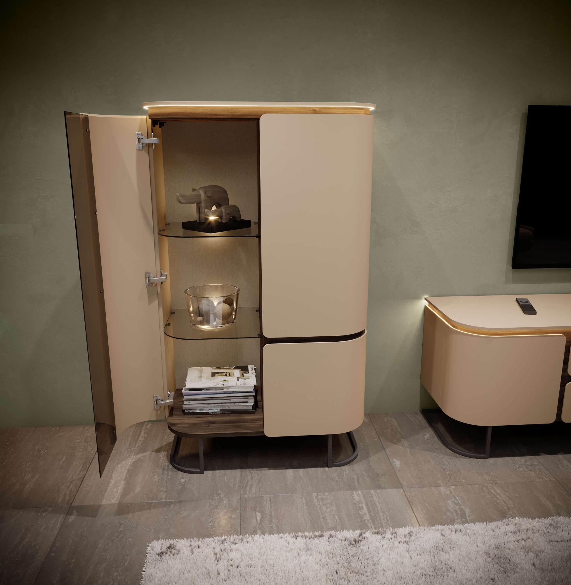 OTTO home Hochkommode »AURA Sideboard, Kommode, Vitrine, Schrank, mit LED-Beleuchtung« UV lackiert, Soft Close Funktion, Metallrahmen als Basis des Elements