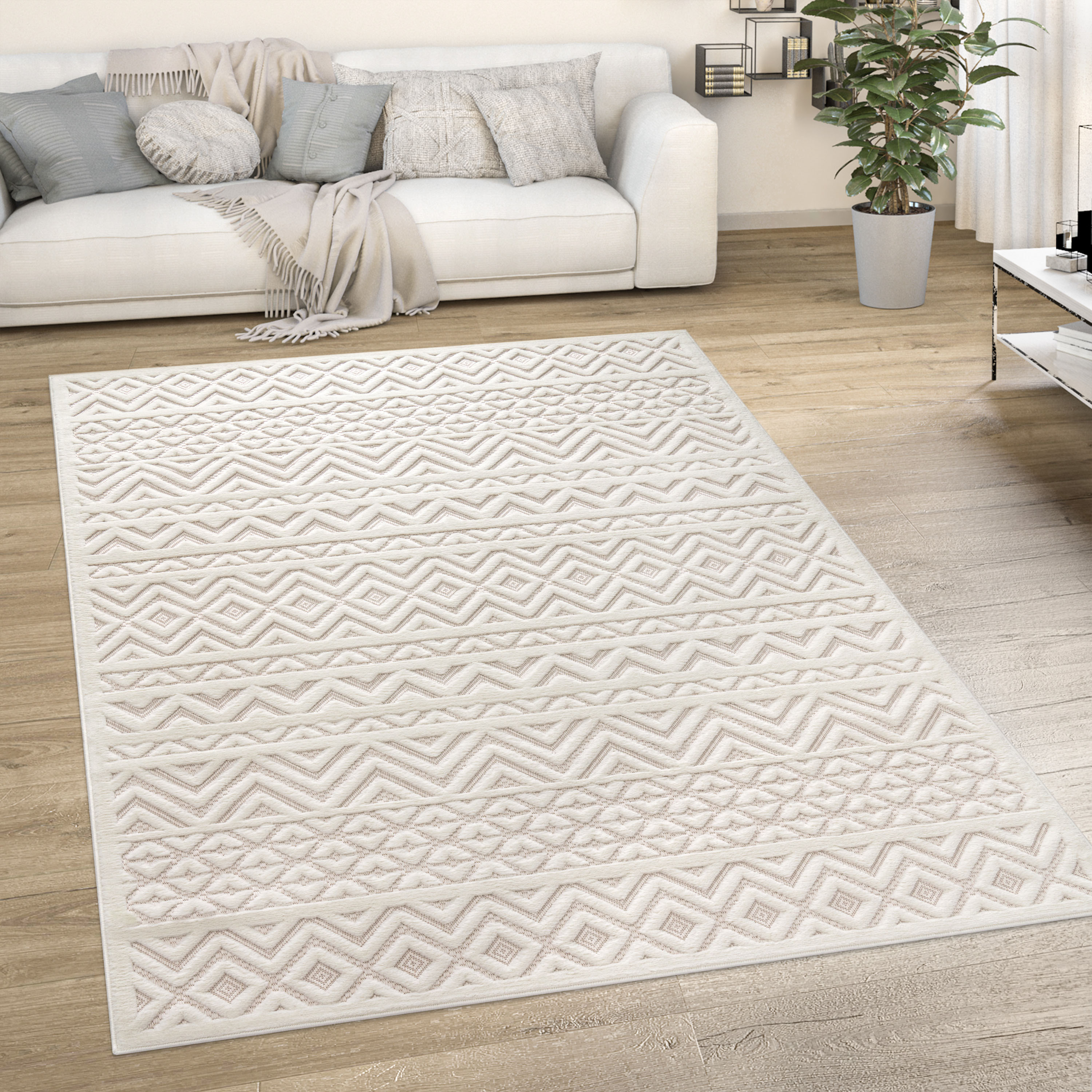Paco Home "Livorno 673" rechteckig 14 mm Höhe Uni-Farben, Scandi, Rauten Muster, Hoch-Tief Effekt, Outdoor geeignet