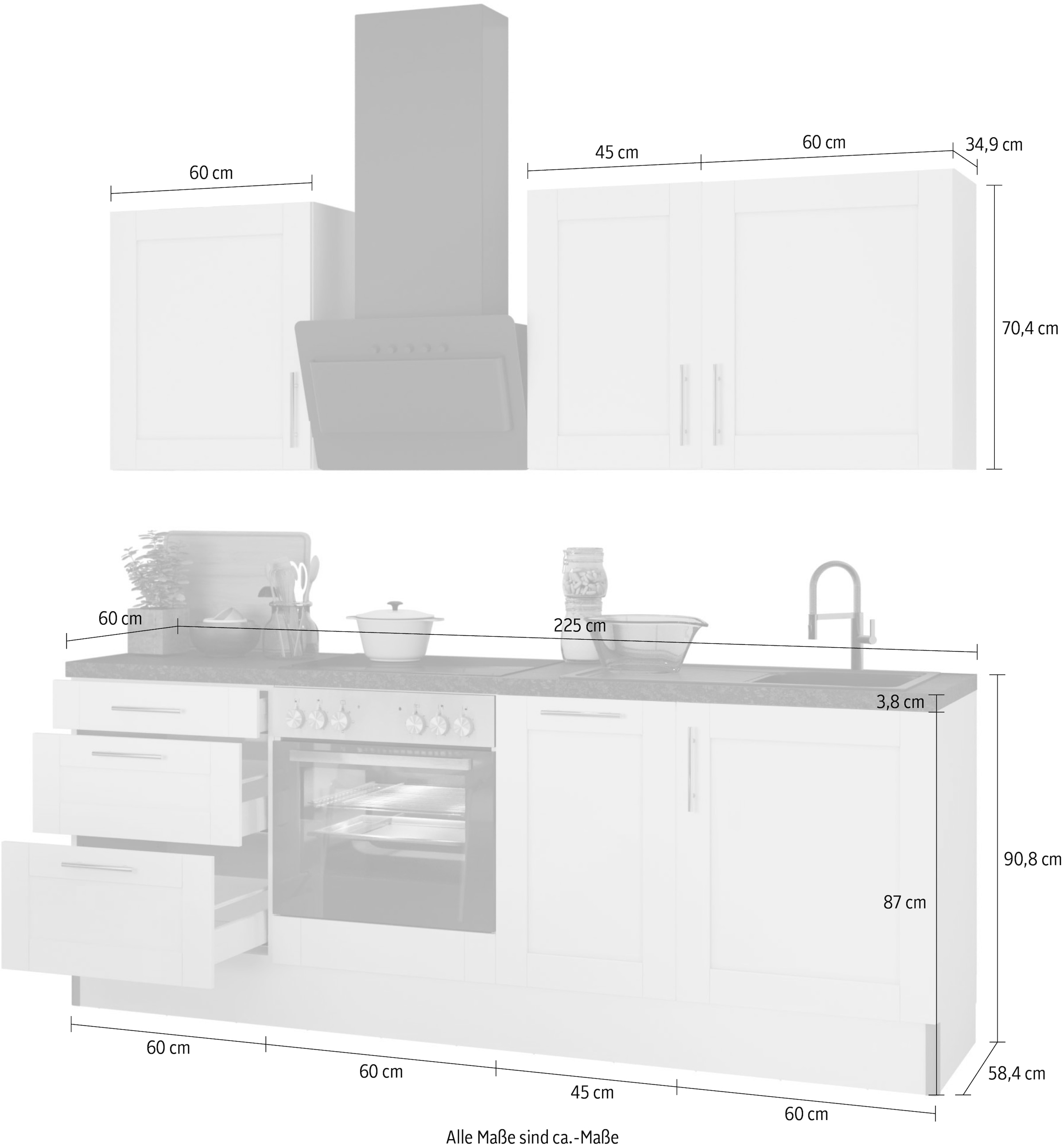 OPTIFIT Küche »Ahus«, Breite 225 cm,wahlweise mit E-Geräten,MDF Fronten,Soft Close Funktion