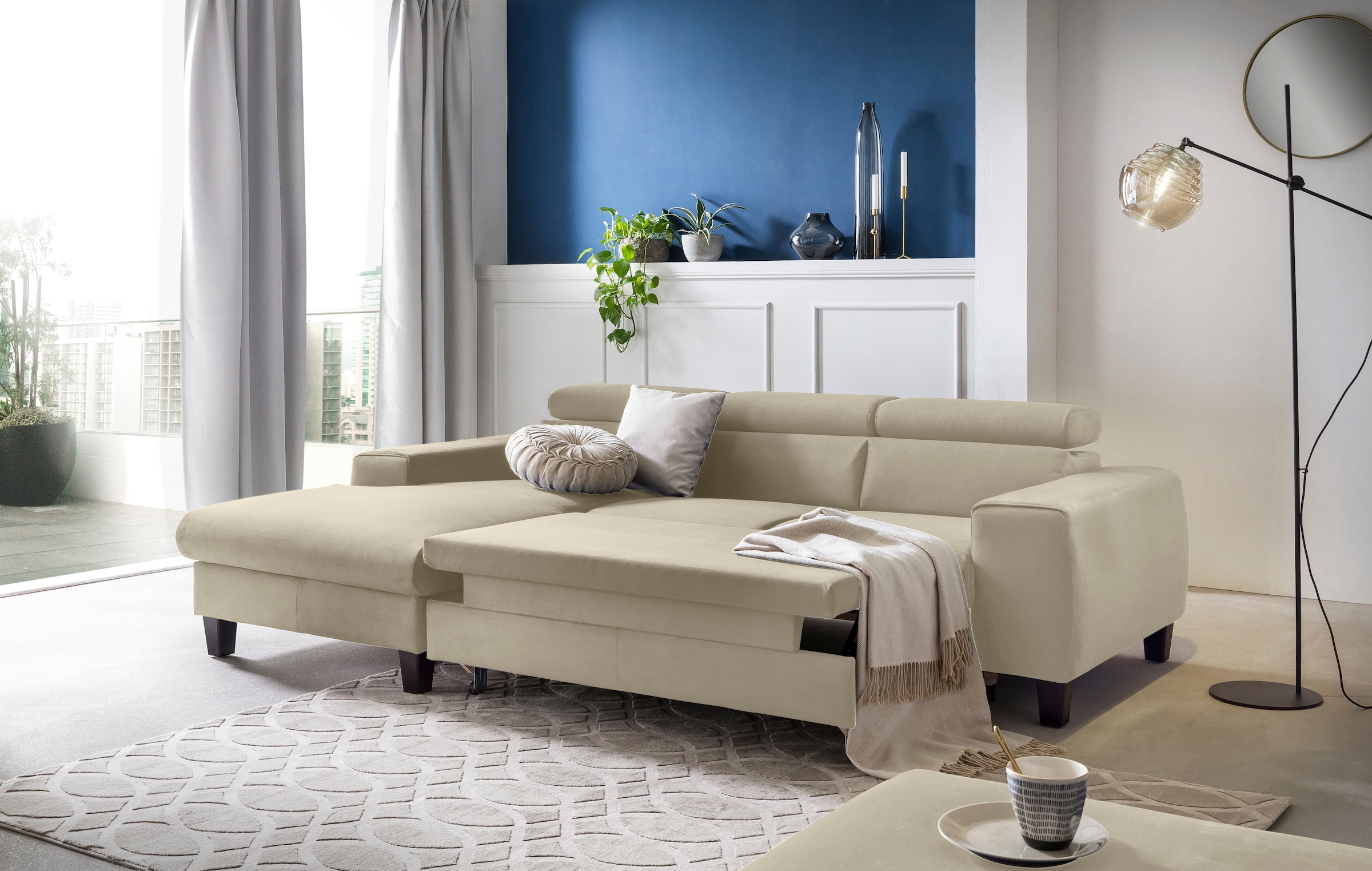 COTTA Ecksofa »Morven L-Form mit Kopfteilverstellung«, wahlweise mit Bettfunktion, Bettkasten & Wireless-Charger