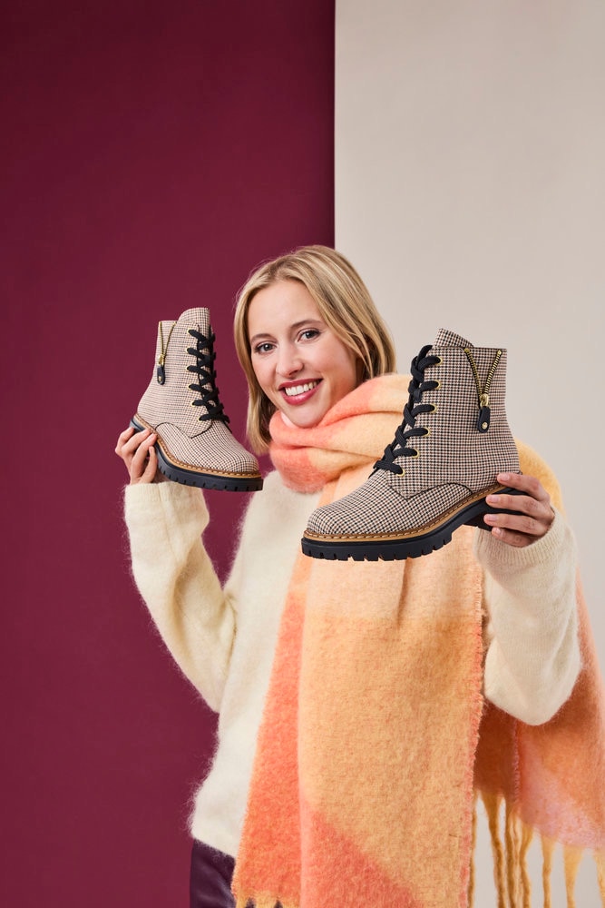 Rieker Schnürstiefelette, Schnürboots, Herbstboots, Profilsohle, Blockabsatz, im Pepita-Look