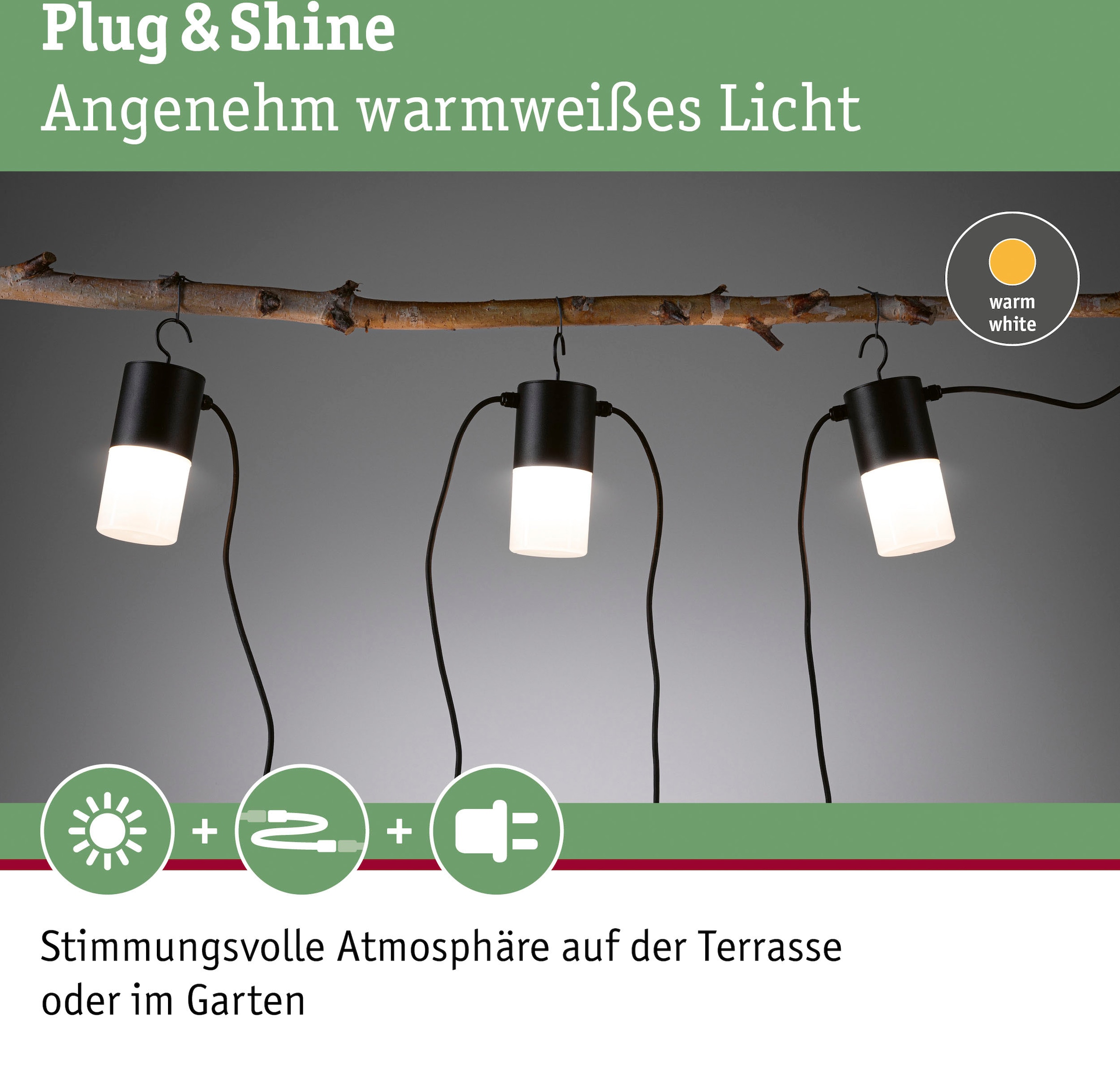 Paulmann LED Gartenleuchte »Outdoor Plug & Shine Leuchtenkette Tubs IP44 3000K 24V E14«, 3 flammig, Leuchtmittel E14 | LED fest integriert, E14, IP44