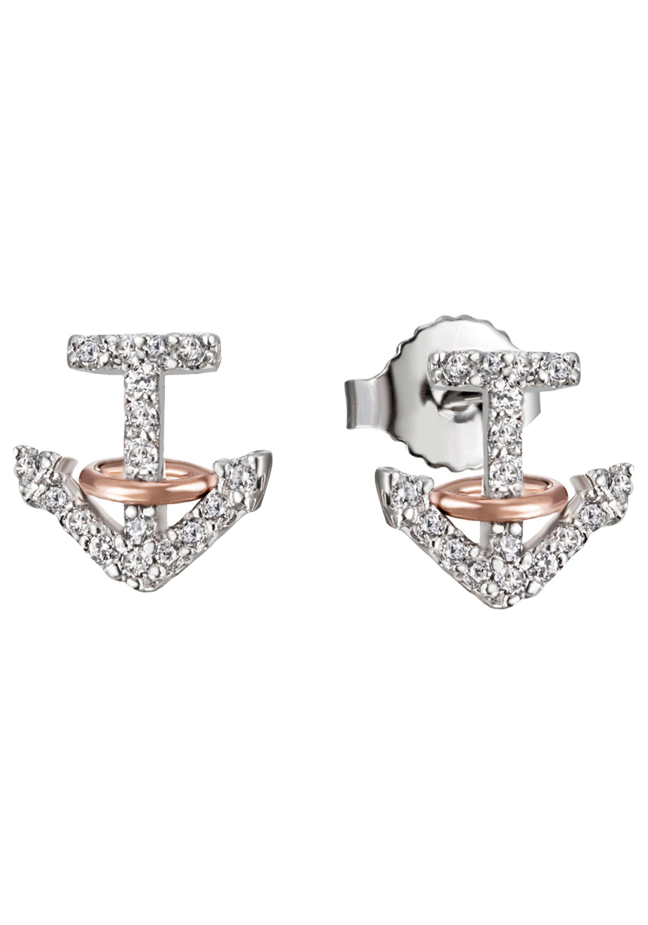 Paar Ohrstecker JOBO "Kleine Ohrringe Anker 8,9 mm", silber 925, weiß, Ohrringe, Damen, Silber 925 (Sterlingsilber), 925 Silber bicolor vergoldet mit 36 Zirkonia