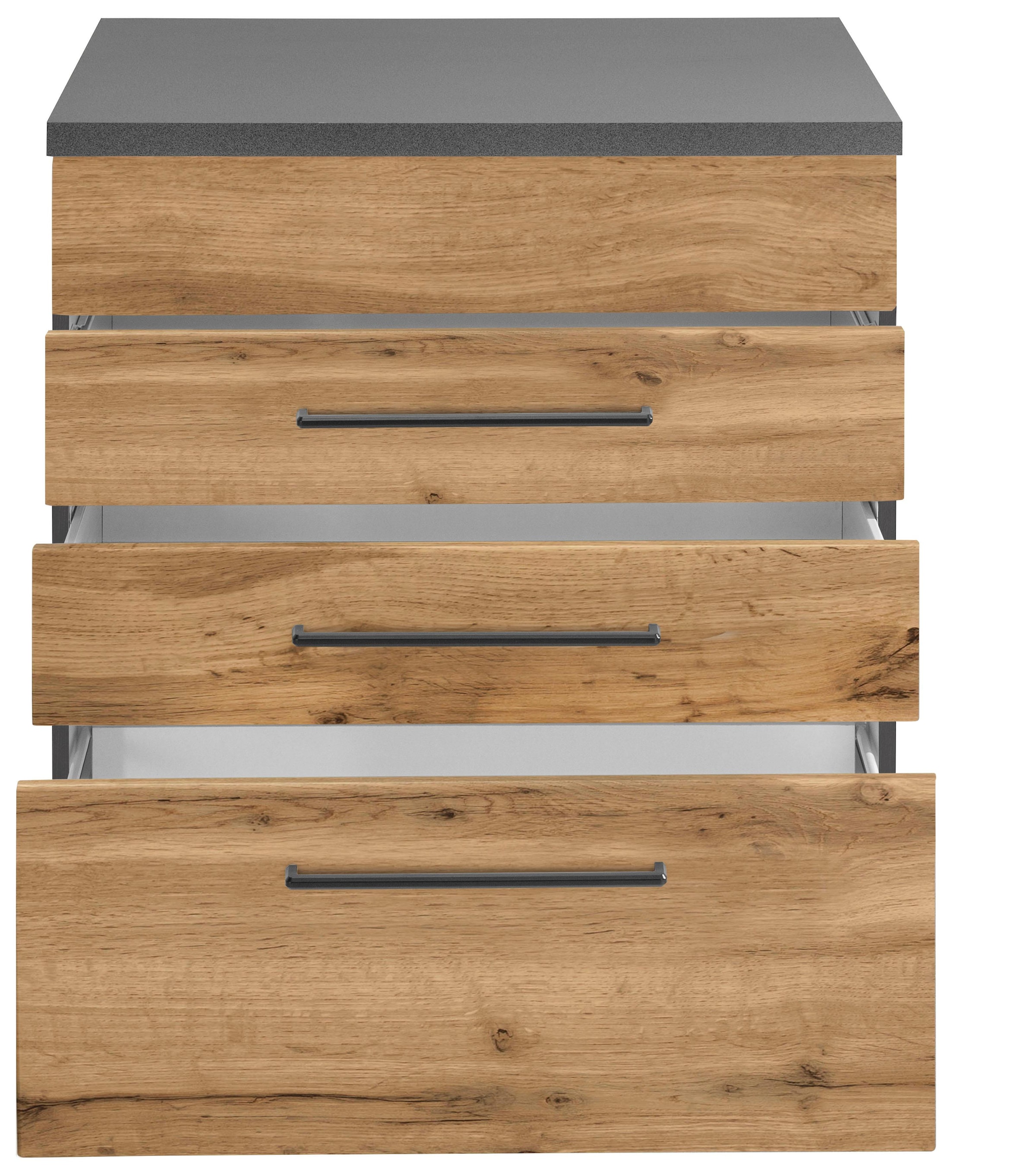 KOCHSTATION Kochfeldumbauschrank »KS-Tulsa«, 60 cm breit, 2 Schubladen, 1 großer Auszug, schwarzer Metallgriff