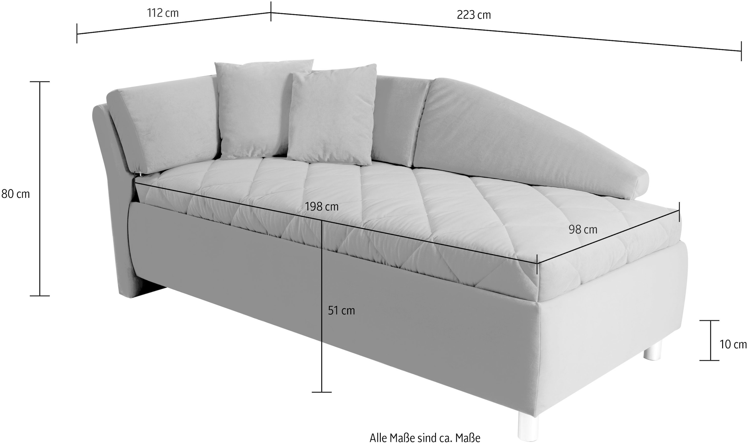 alina Schlafsofa, Bettkasten, Zierkissen-Set aus: 2 Stk. 40x40cm, 1 Stk. 30x30cm