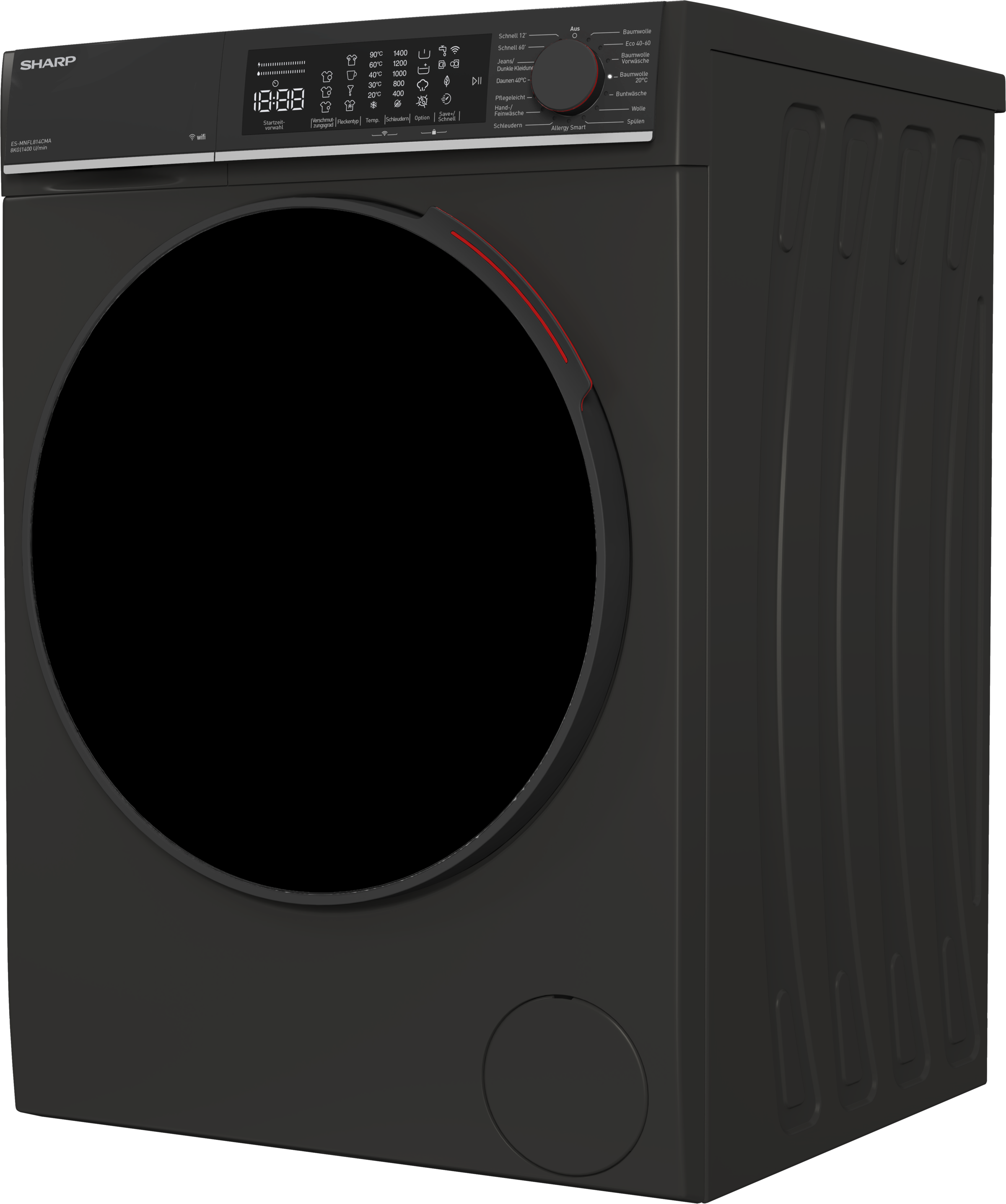 Sharp Waschmaschine Microfiber »ES-MNFL814CMA-DE«, 8 kg, 1400 U/min, 8kg / +WIFI / Microfiber / A / Fulltouch / Steam /
Mat Black
