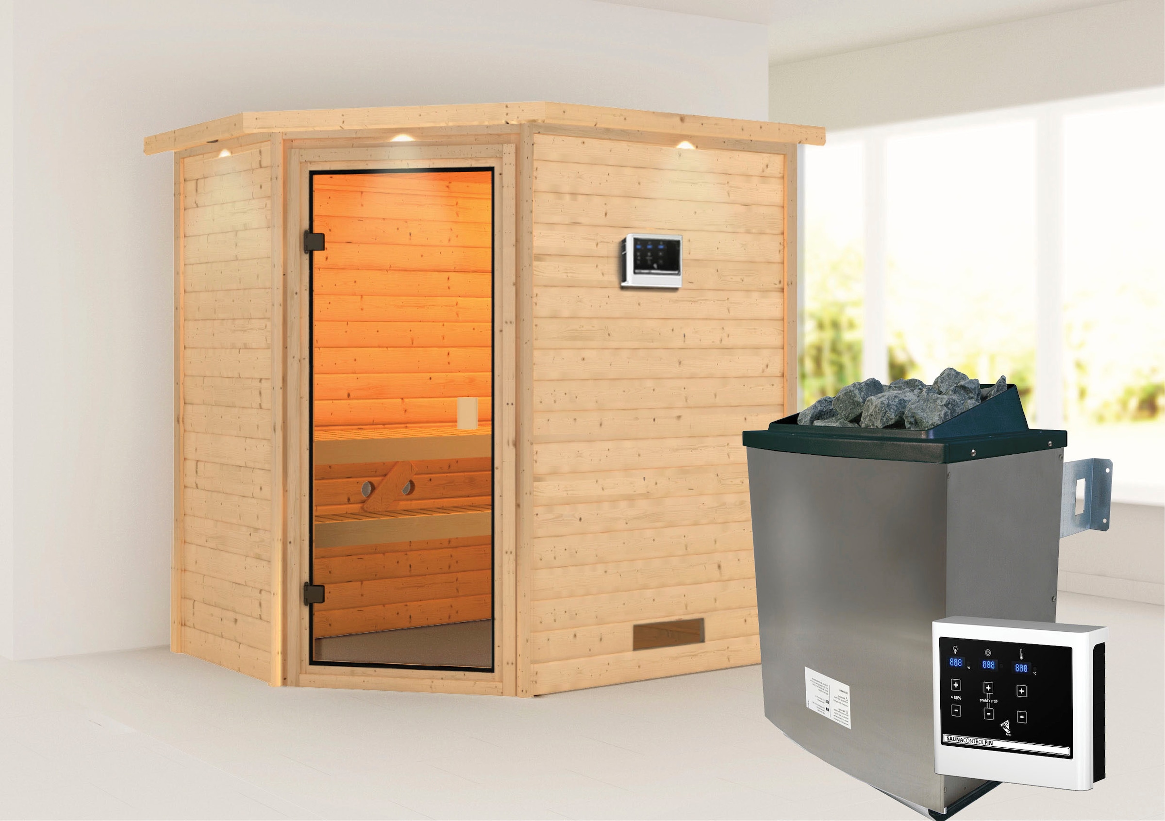 Karibu Sauna »Svea (Eckeinstieg)«, inklusive Ofenschutzgitter und Tür