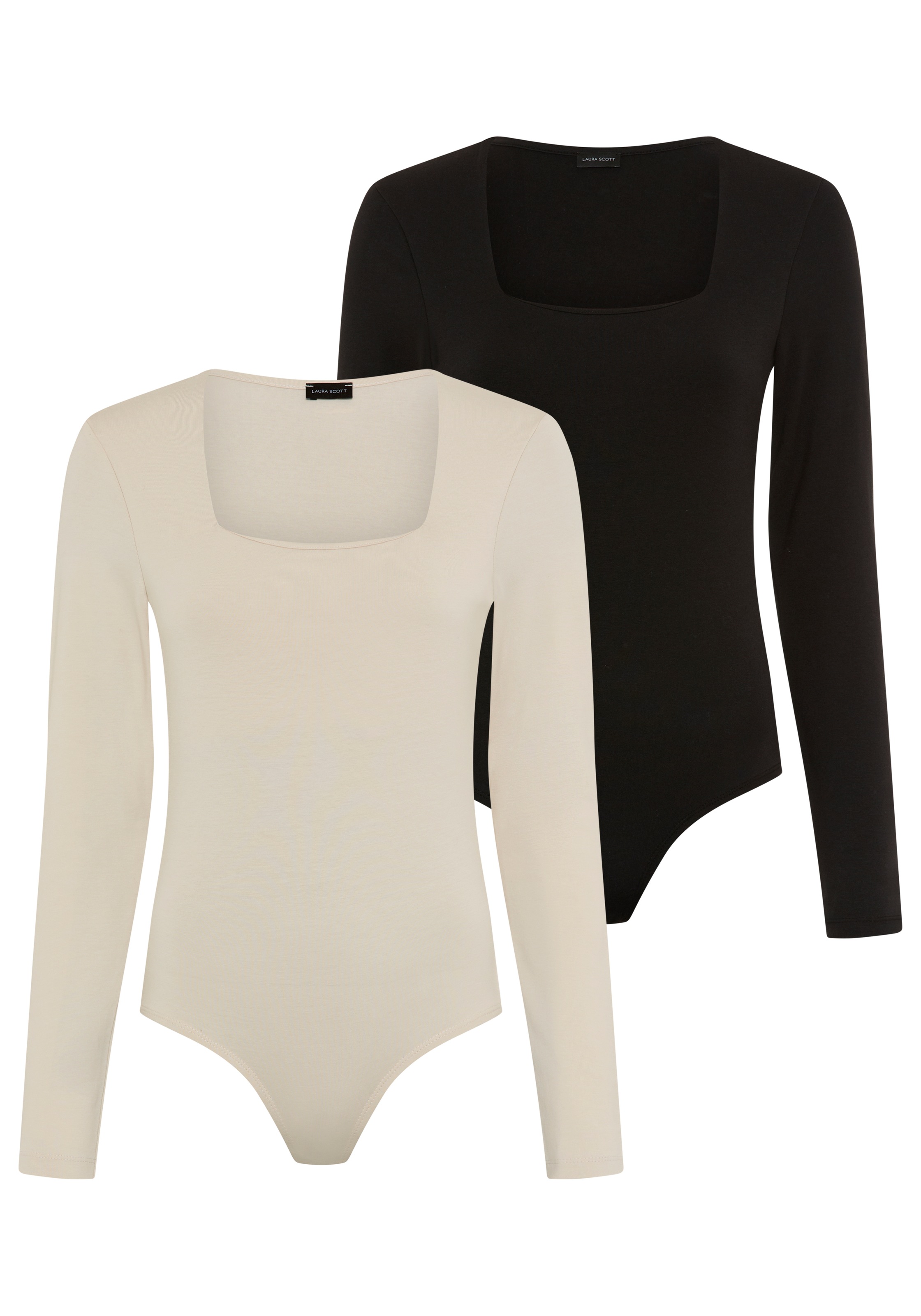 Langarmbody LAURA SCOTT, Damen, Gr. 44, N-Gr, schwarz (schwarz, nude), Single Jersey, Obermaterial: 95% Baumwolle, 5% Elasthan, unifarben, Basic, sehr figurbetont, eckiger Ausschnitt, Bodys, mit modischem Karree-Ausschnitt