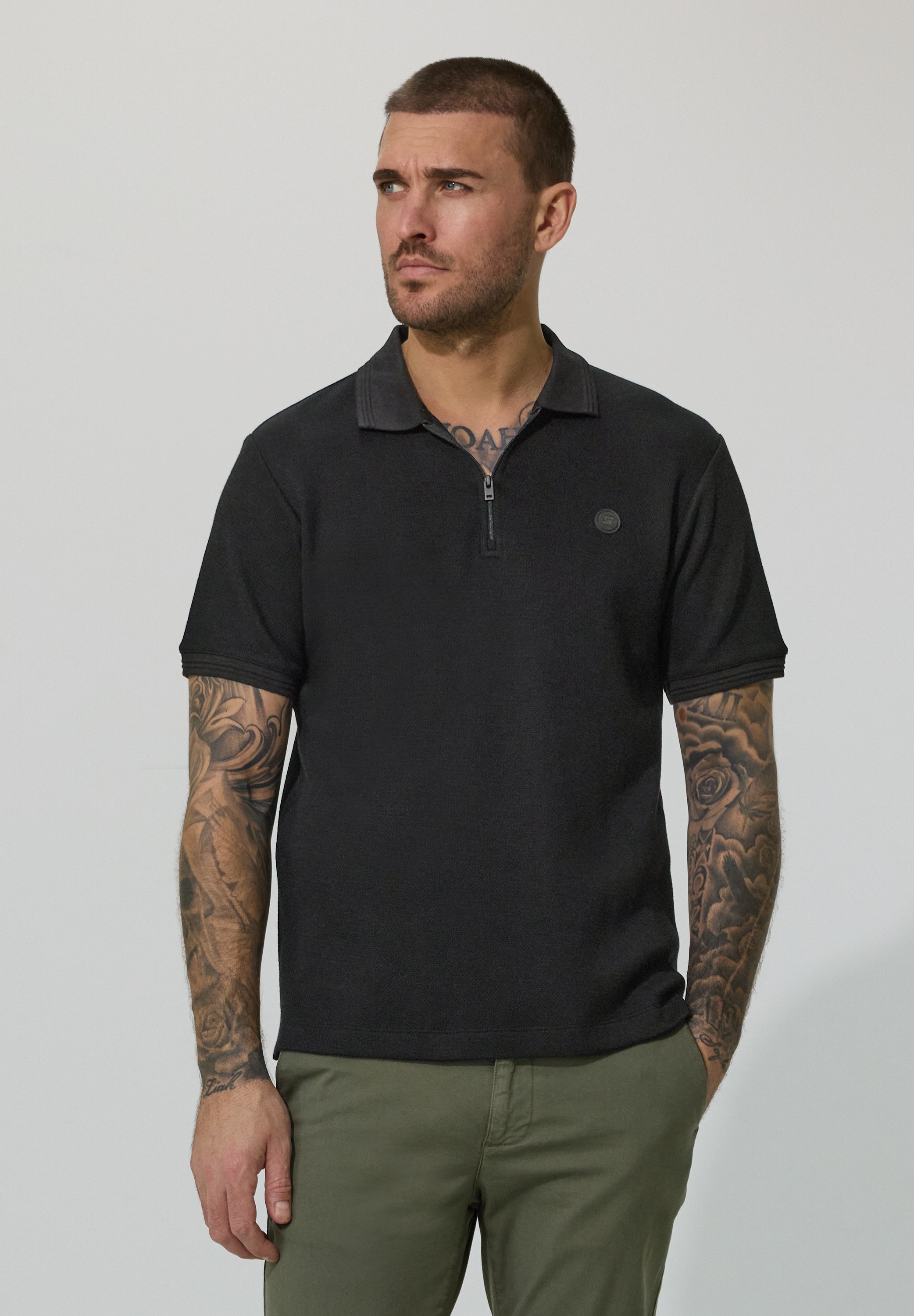Poloshirt STREET ONE MEN, Herren, Gr. S (38), schwarz, Web, 86% Baumwolle, 14% Modal, unifarben, normal normal, hoch geschlossener Ausschnitt, abgesteppt, Shirts, im soften Baumwoll-Mix